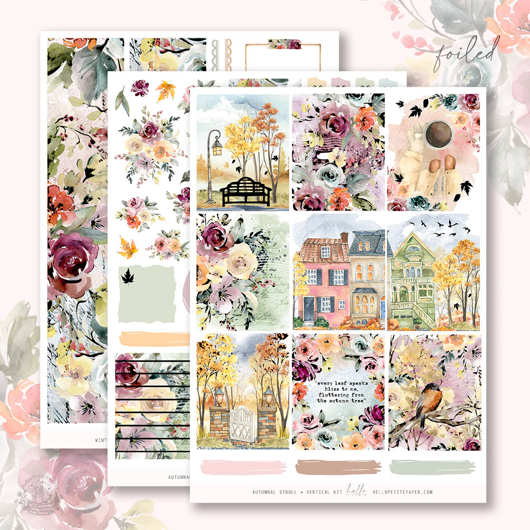 The image is a collage of various floral and autumn-themed images, including flowers, leaves, houses, and birds.