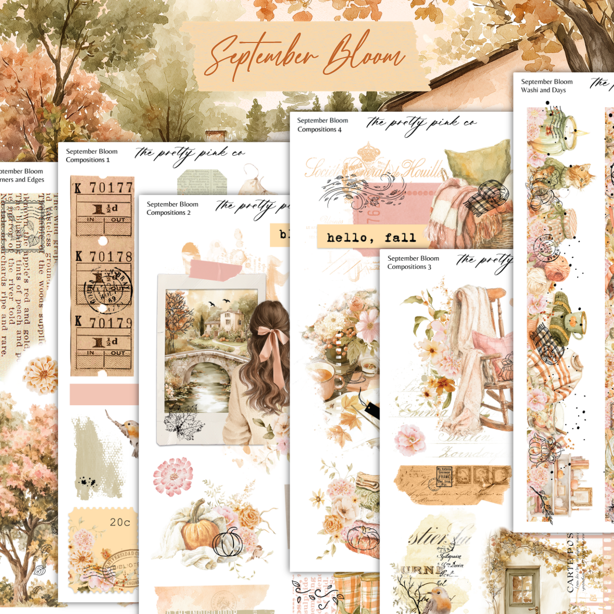 a bunch of papers with pictures of flowers and trees