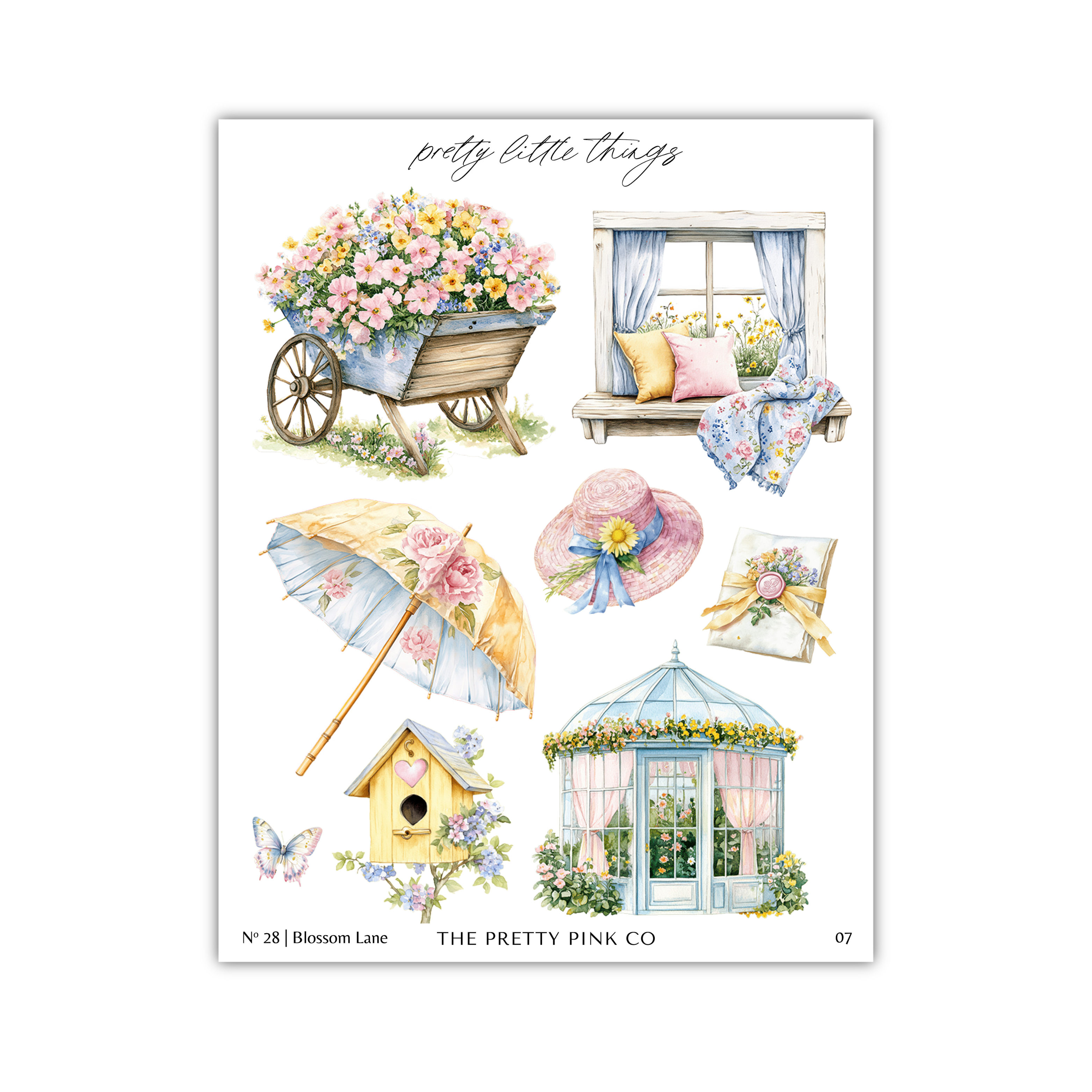 The image is a collage of various illustrations related to the theme of "Pretty little things". It includes a wagon filled with flowers, a window with curtains, a hat, an umbrella, a birdhouse, and a gazebo. The illustrations are arranged in a visually appealing manner, showcasing different elements of the "Pretty little things" theme.