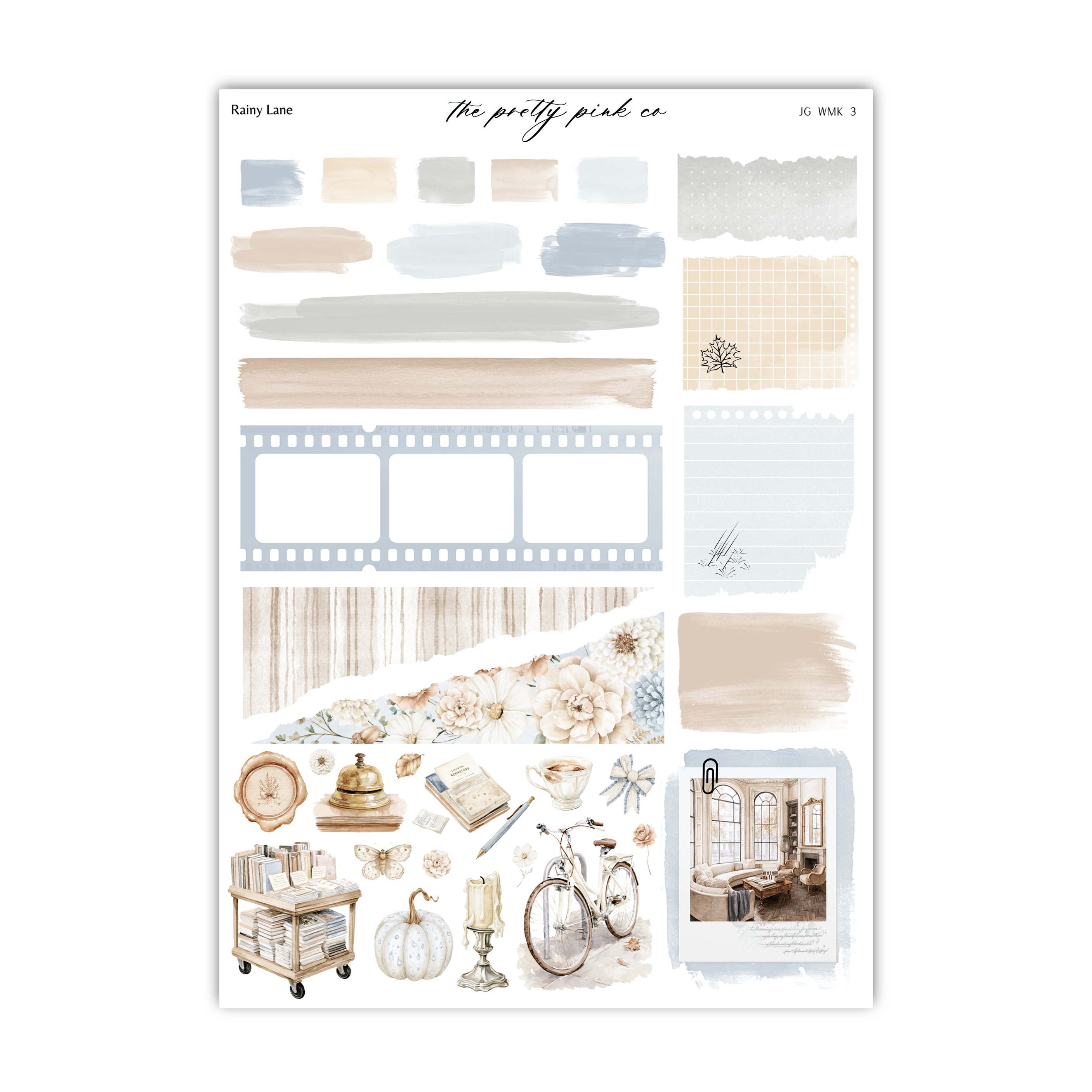 The image is a collage of various decorative elements, including a film strip, a bicycle, a clock, and other home decor items.