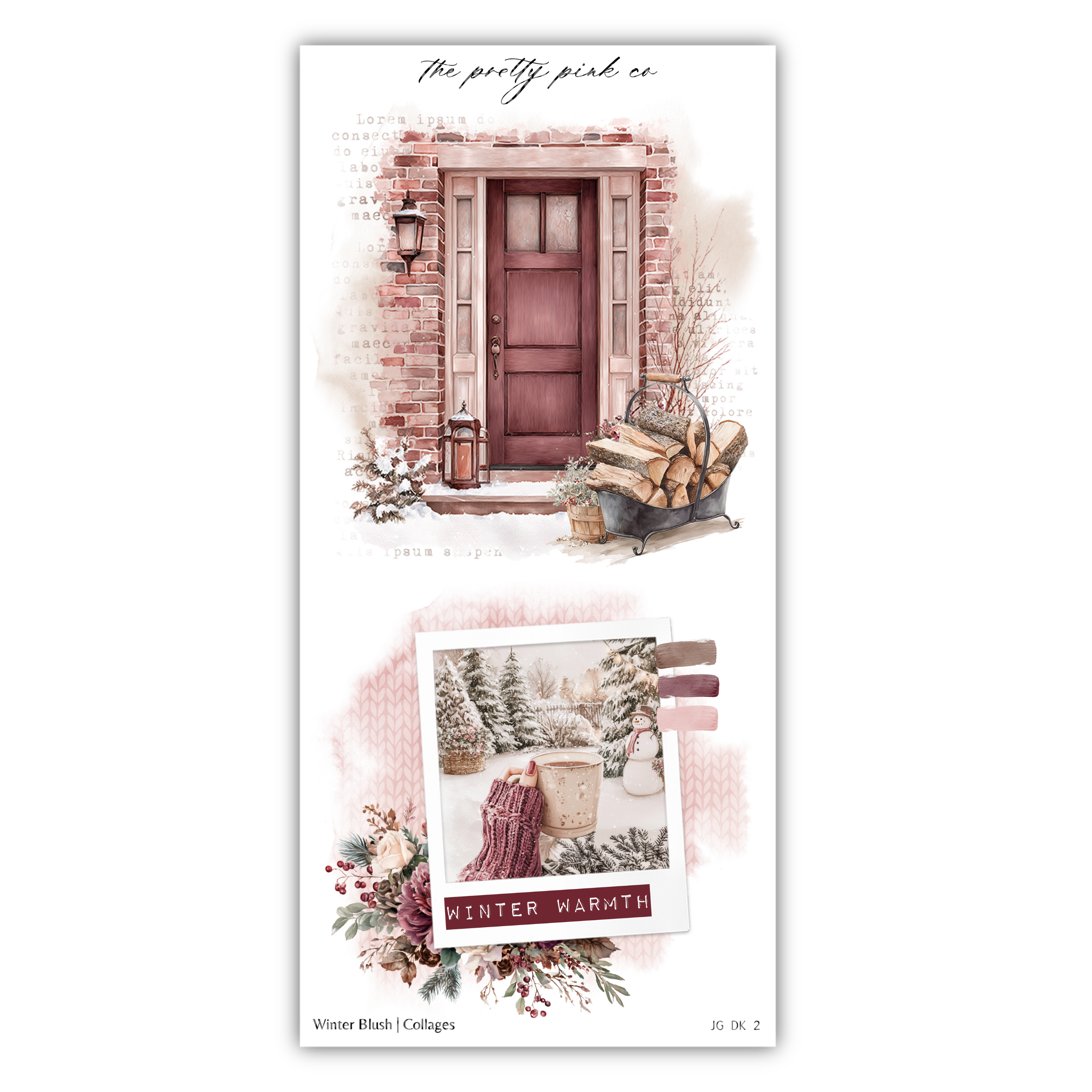 The image is a collage of two pictures depicting winter scenes. The top picture shows a brick building with a door and a lantern, while the bottom picture shows a snowy landscape with a snowman and a blanket.