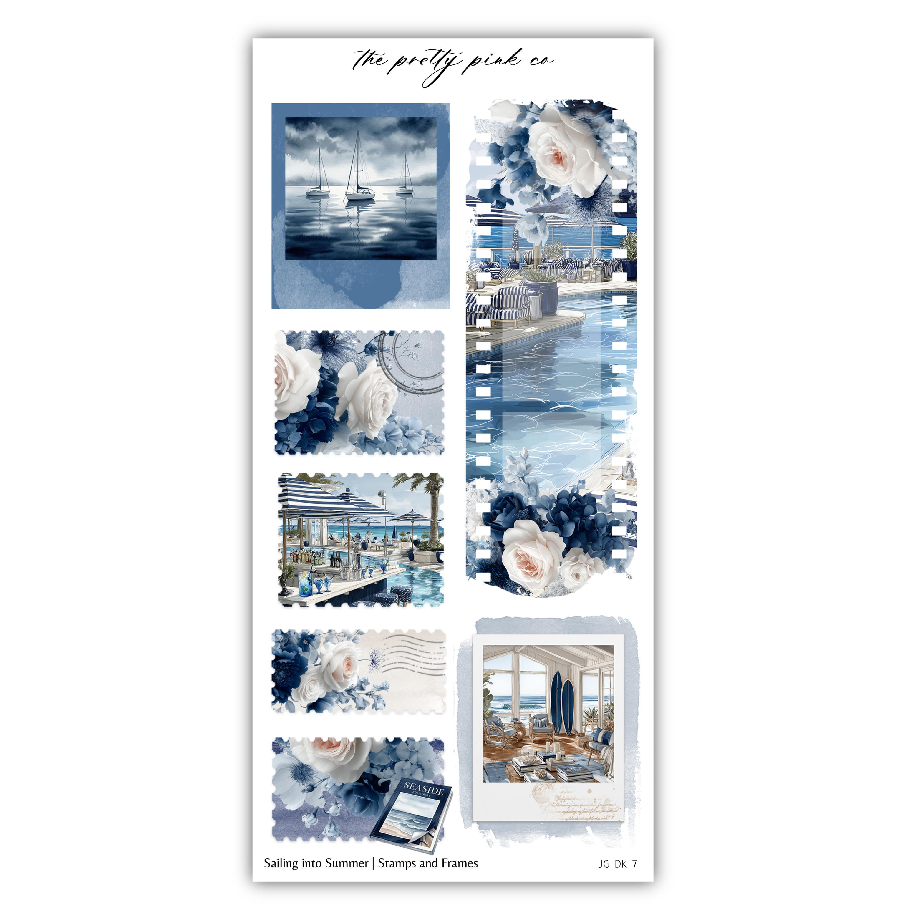 The image is a collage of various images, including a seascape, a swimming pool, a beach scene, and a floral arrangement. The collage is titled "The pretty pink co" and includes a variety of elements such as a sailboat, a clock, and a bouquet of flowers.