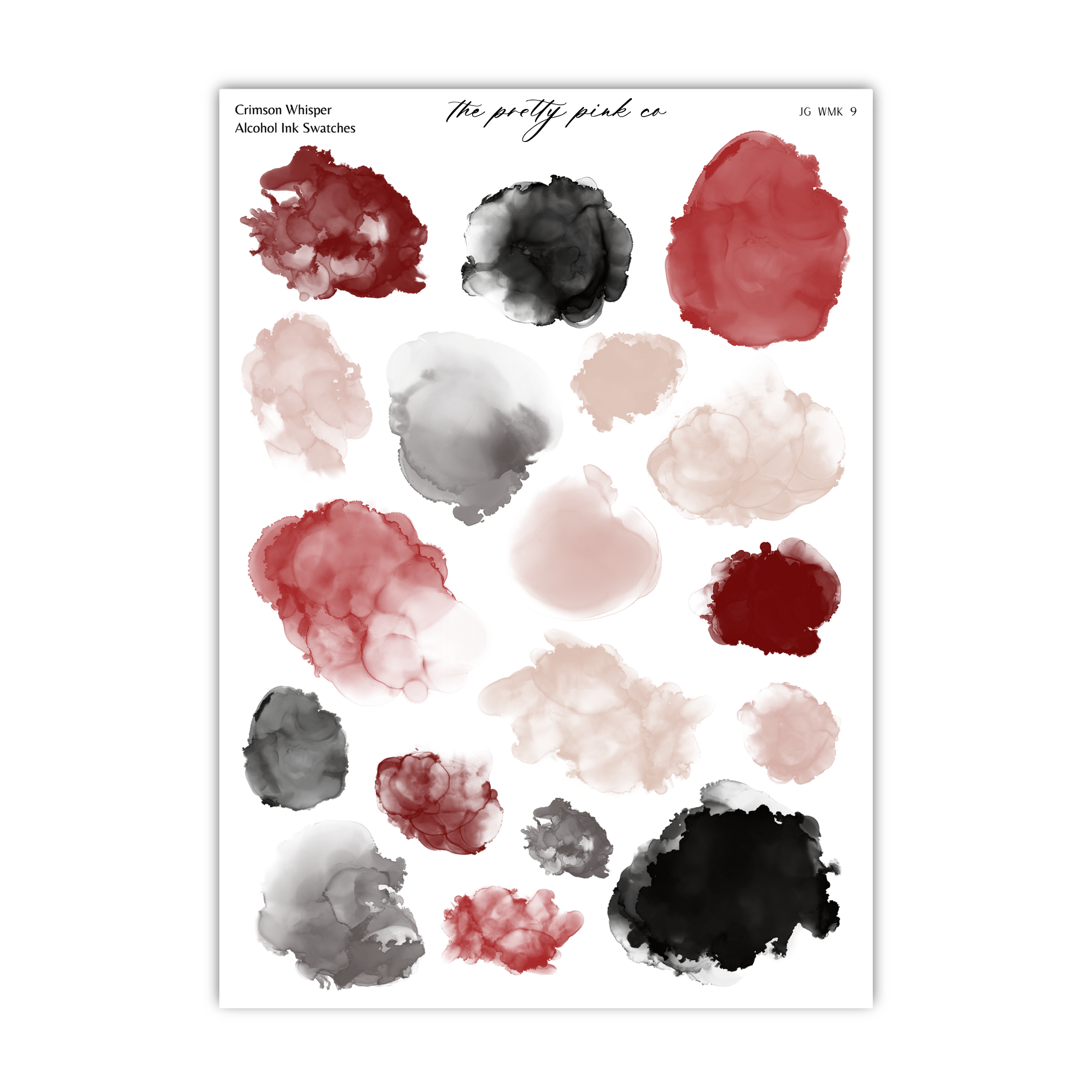 a collection of abstract watercolor brush strokes in various shades of red, black, and gray, arranged in a grid-like pattern.