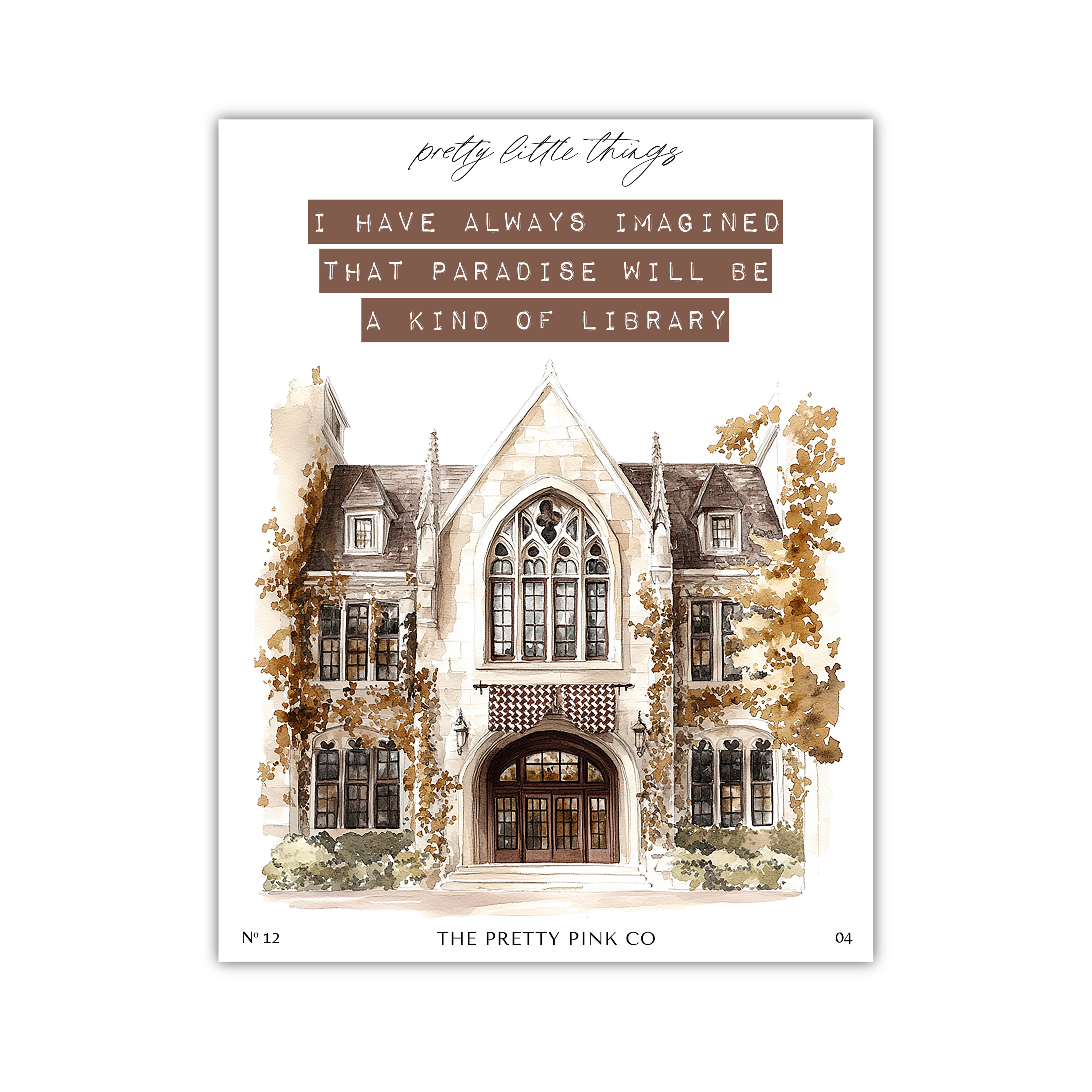 The image is a poster featuring a detailed illustration of a large, ornate building with arched windows and a prominent entrance.
