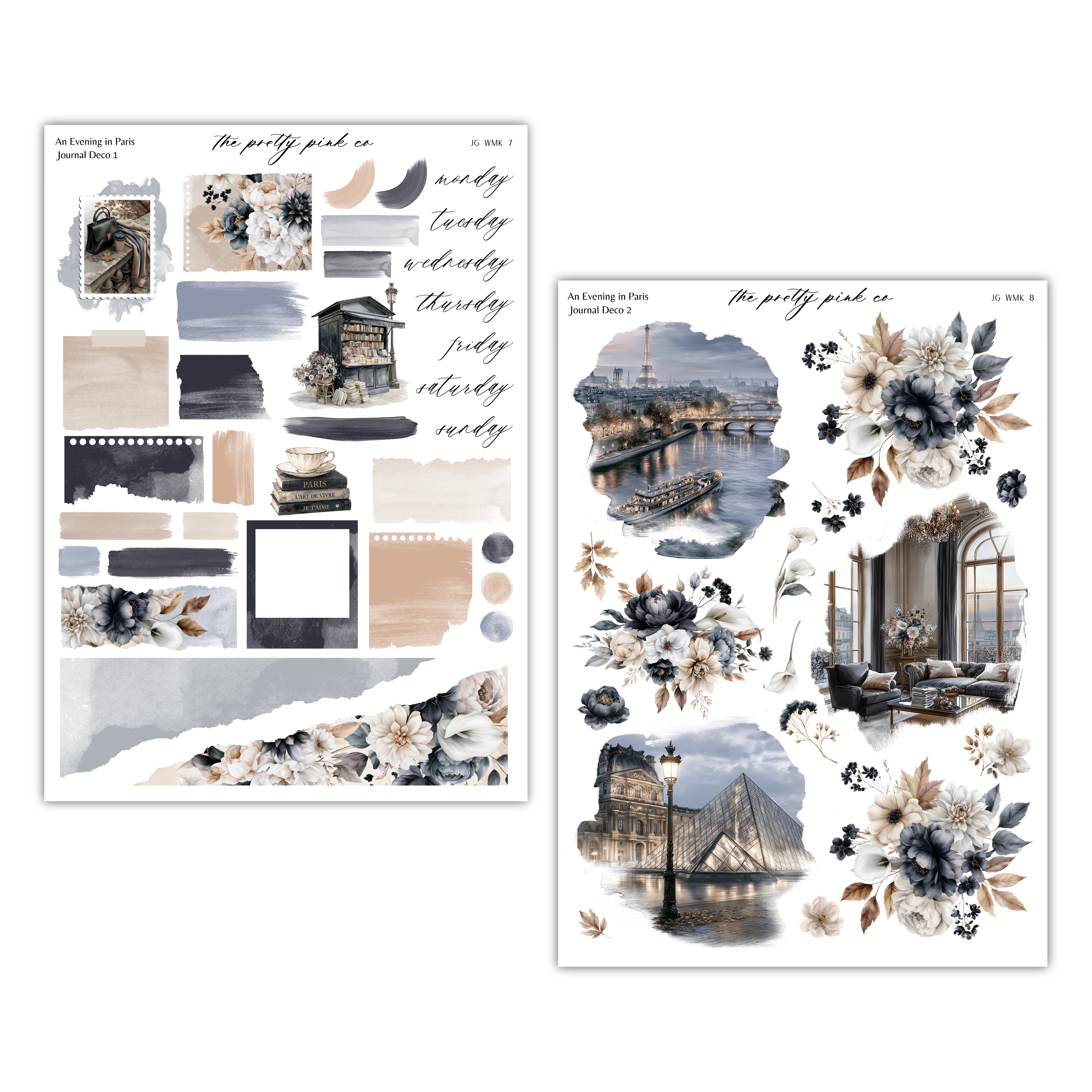 two separate images, each featuring a different scene or location. The first image is a collage of various elements, including a building, a bridge, and a boat. The second image is a collage of a floral scene, including a house, a bridge, and a boat.