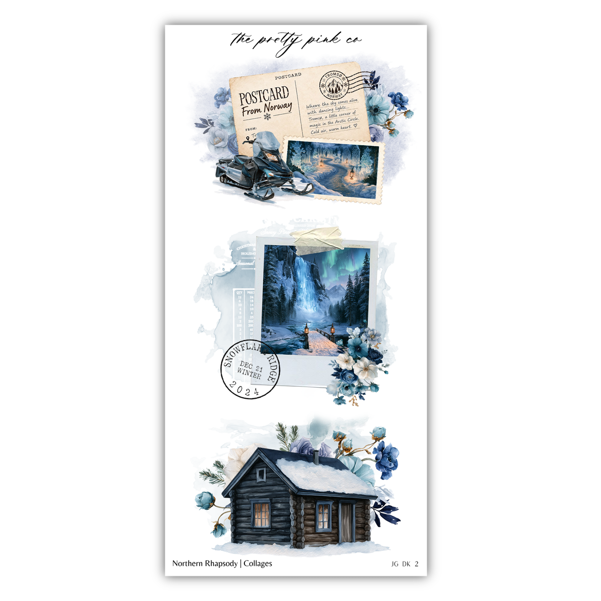 The image is a collage of various elements, including a postcard, a cabin, and a waterfall, all set against a snowy landscape.
