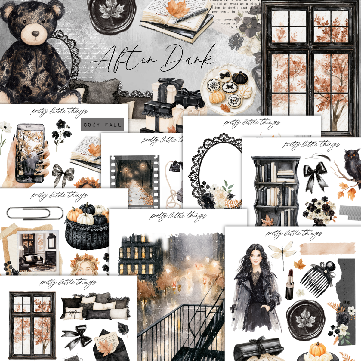 The image is a collage of various black and white illustrations and objects, including a teddy bear, books, a window, and other fall-themed elements. The collage is titled "After Dark" and includes the phrase "pretty little things" in several instances.