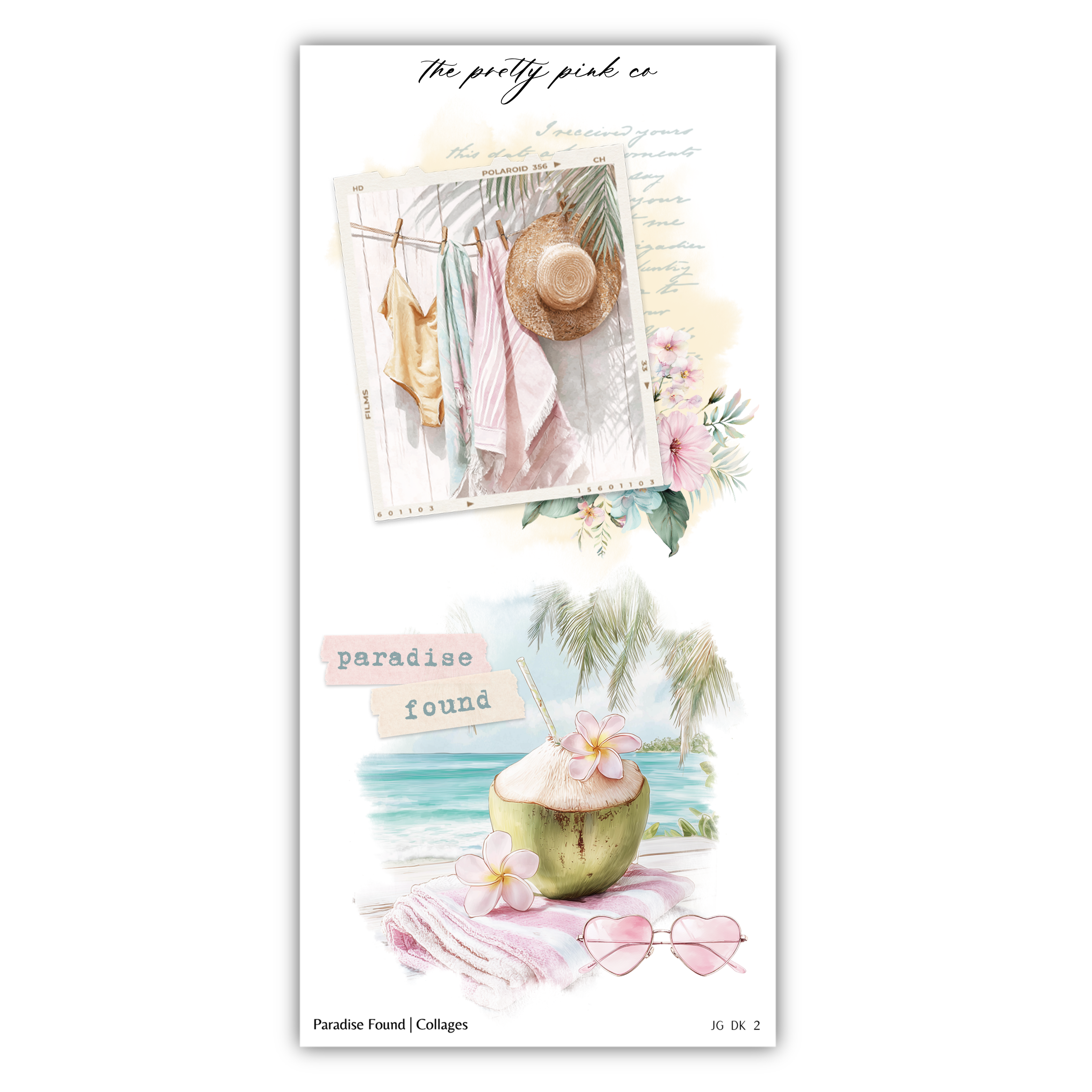 The image is a collage of various tropical-themed elements, including a hat, a swimsuit, a coconut drink, and sunglasses. The collage is titled "Paradise Found" and includes the text "The pretty pink co" at the top.