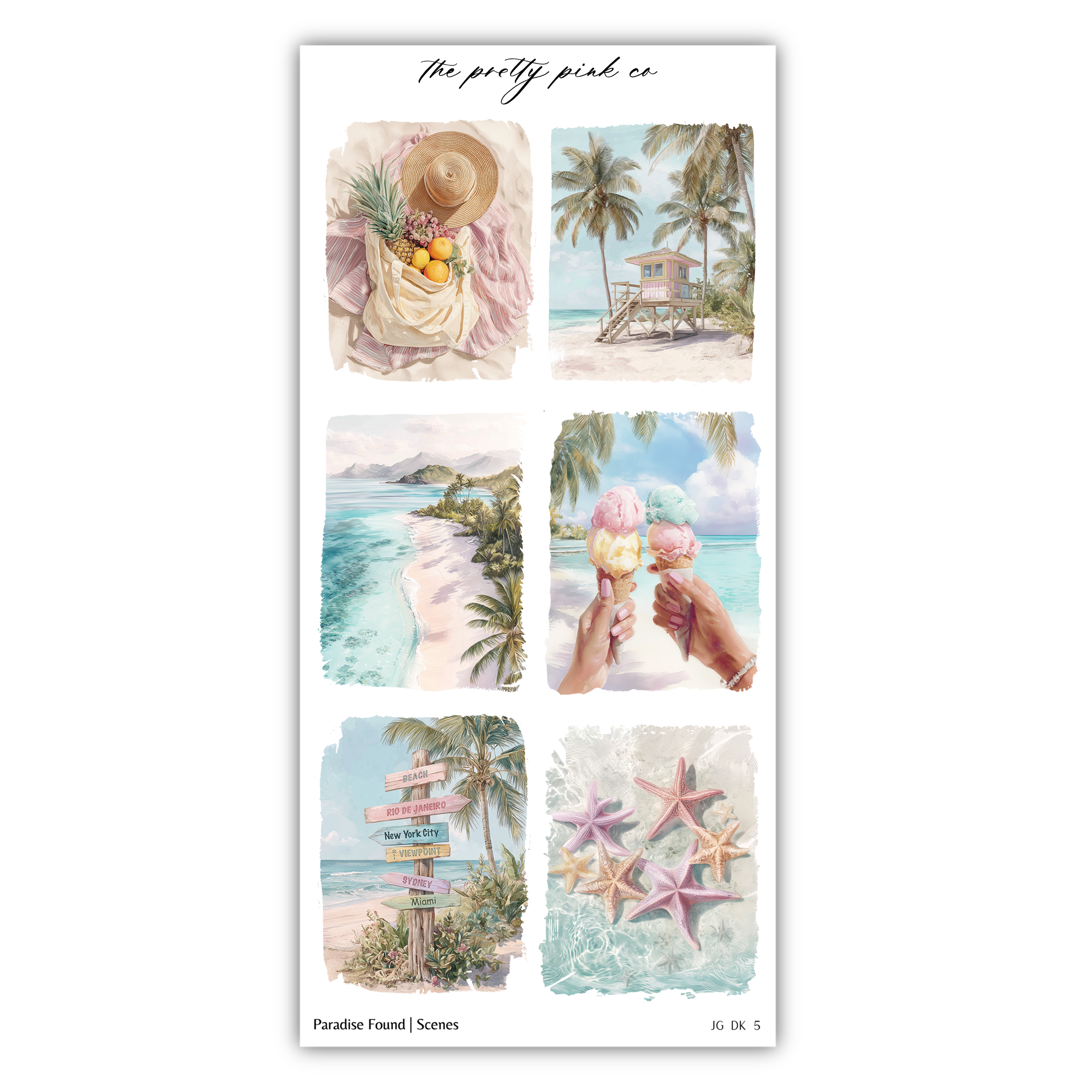 The image is a collage of six pictures depicting various beach scenes, including palm trees, a beach sign, a person enjoying ice cream, a sunset, and a starfish.