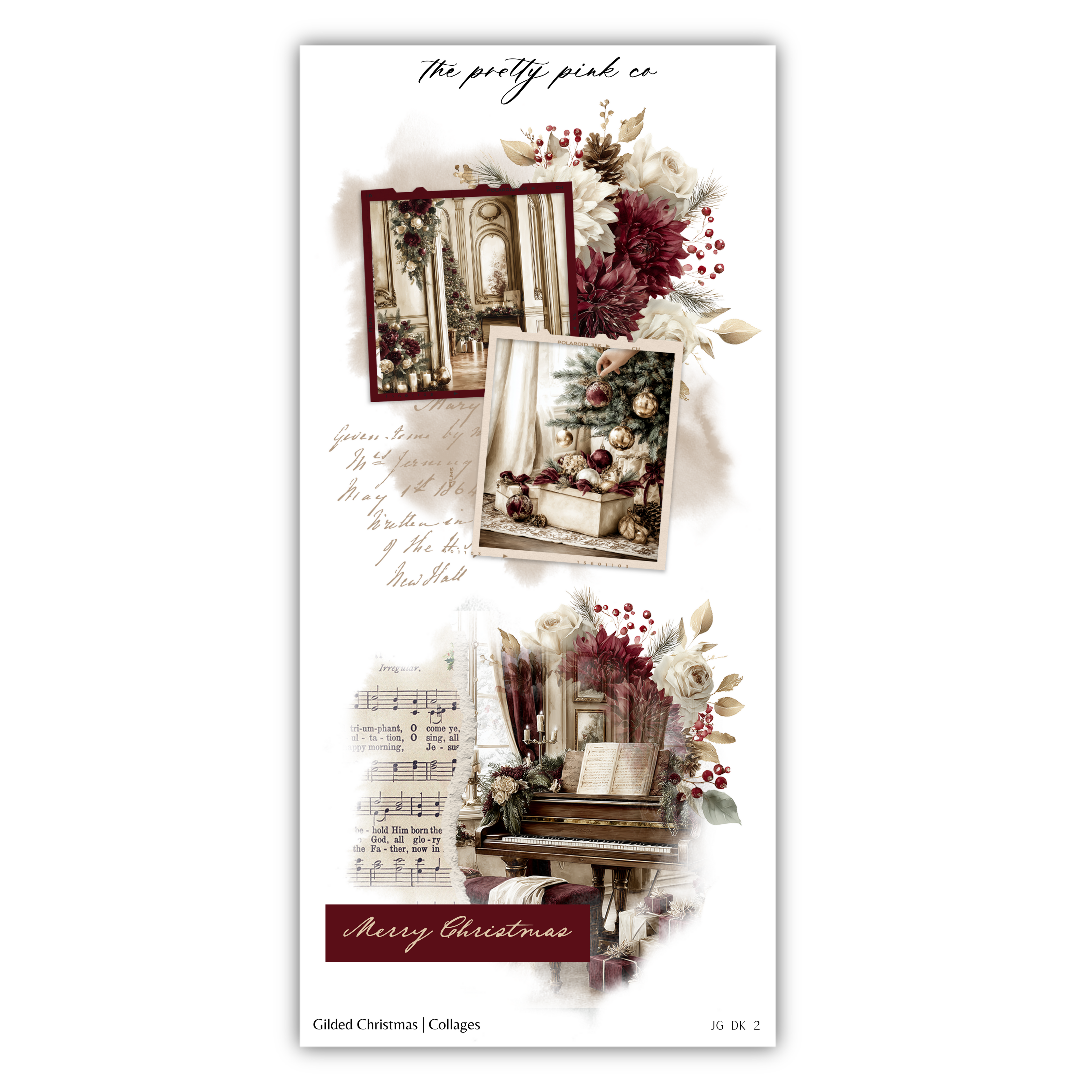 The image is a collage of various Christmas-themed elements, including a wreath, a Christmas tree, and a piano. The collage is titled "The pretty pink co" and includes text such as "Merry Christmas" and "Gilded Christmas Collages".