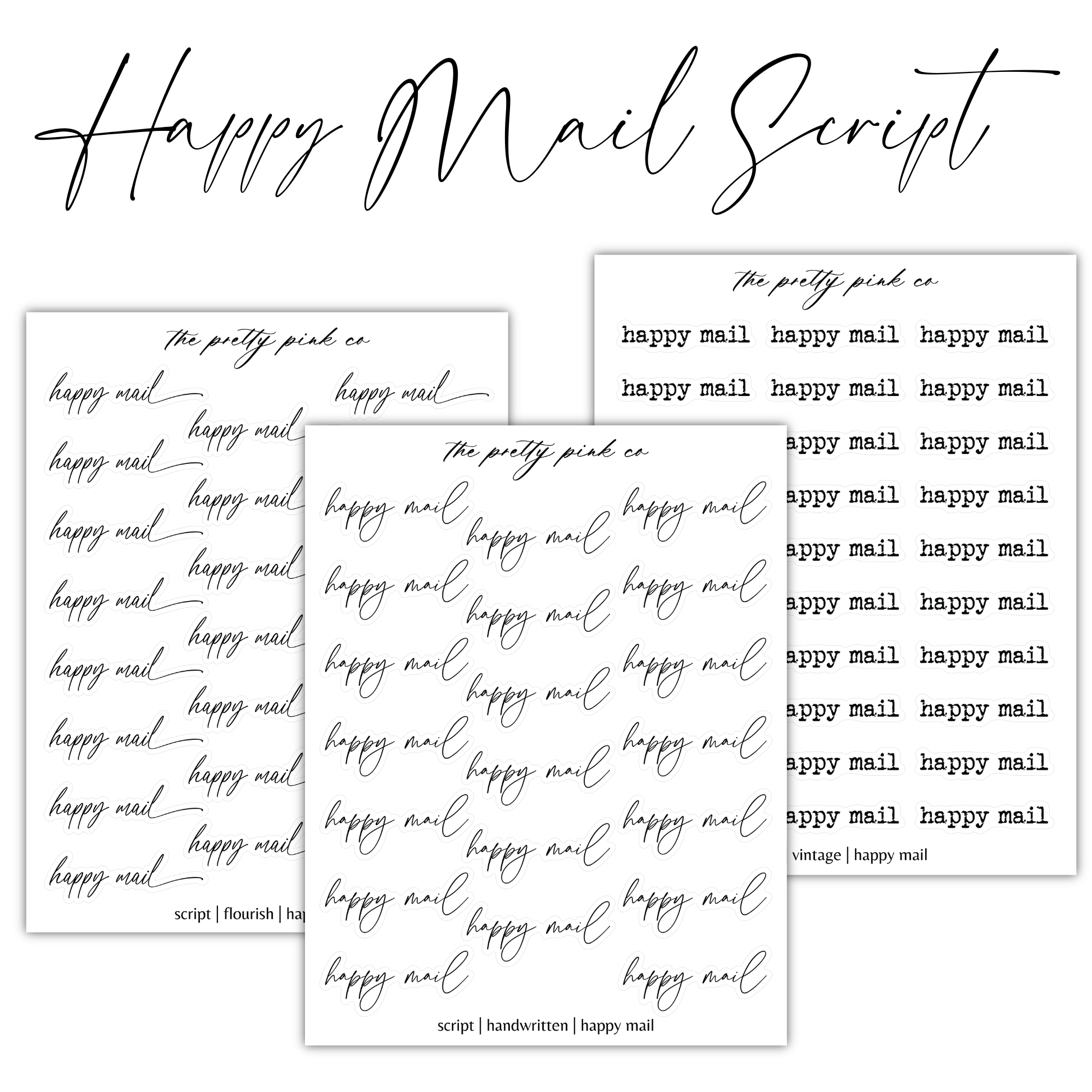 a set of three greeting cards with the words happy mail sent