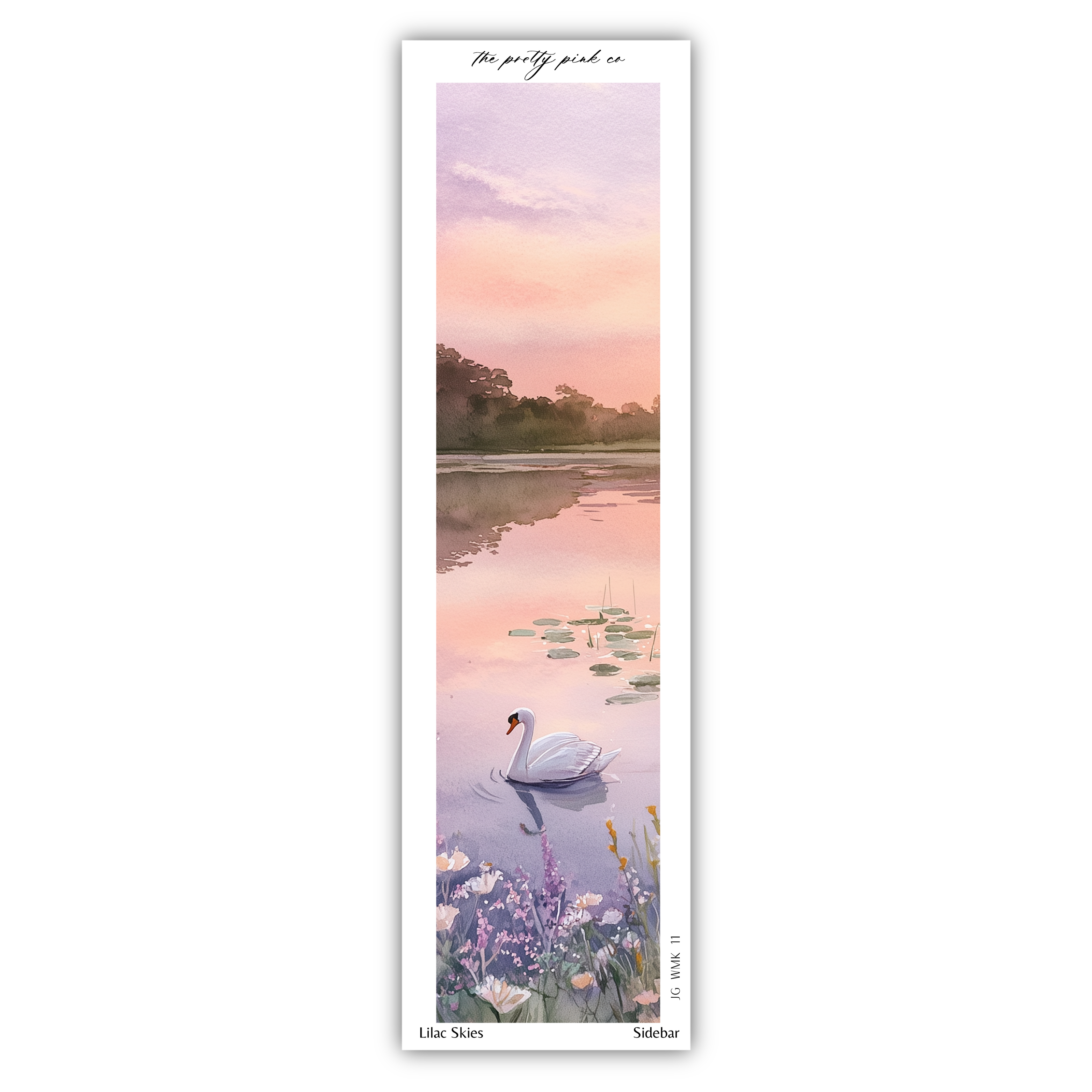 A watercolor painting depicting a swan swimming in a pond with lily pads, surrounded by purple flowers and a sunset sky.