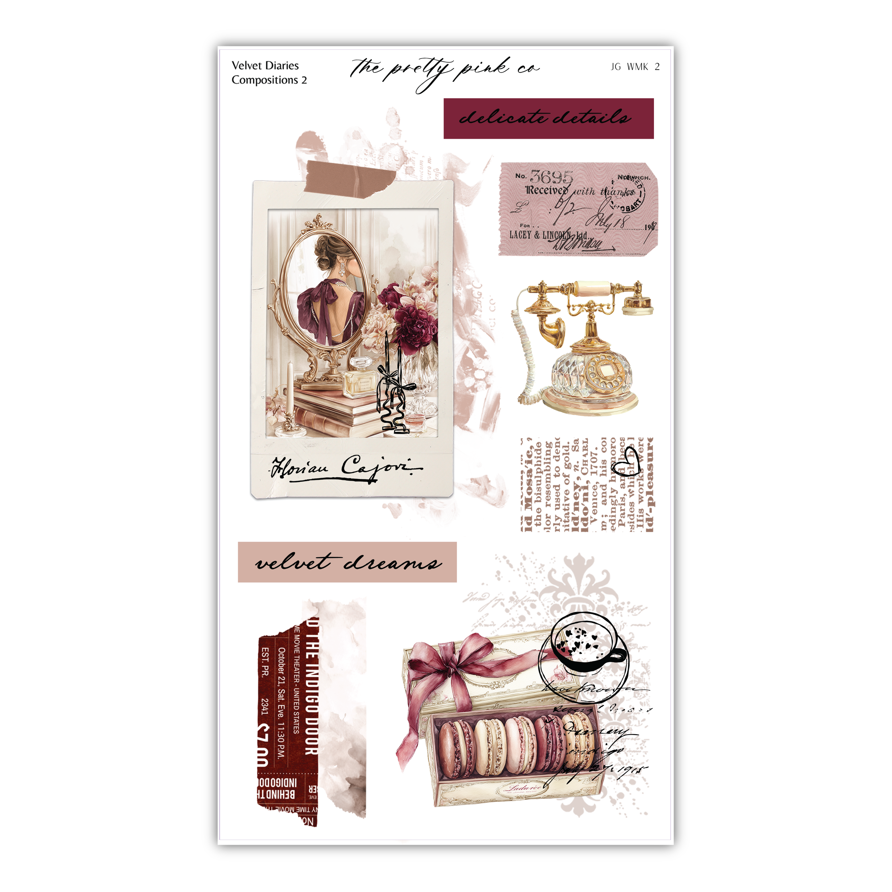 The image is a collage of various decorative elements, including a mirror, a telephone, a vase of flowers, and a ribbon. The collage appears to be a collection of different textures, patterns, and artistic elements that create a visually appealing and harmonious composition.