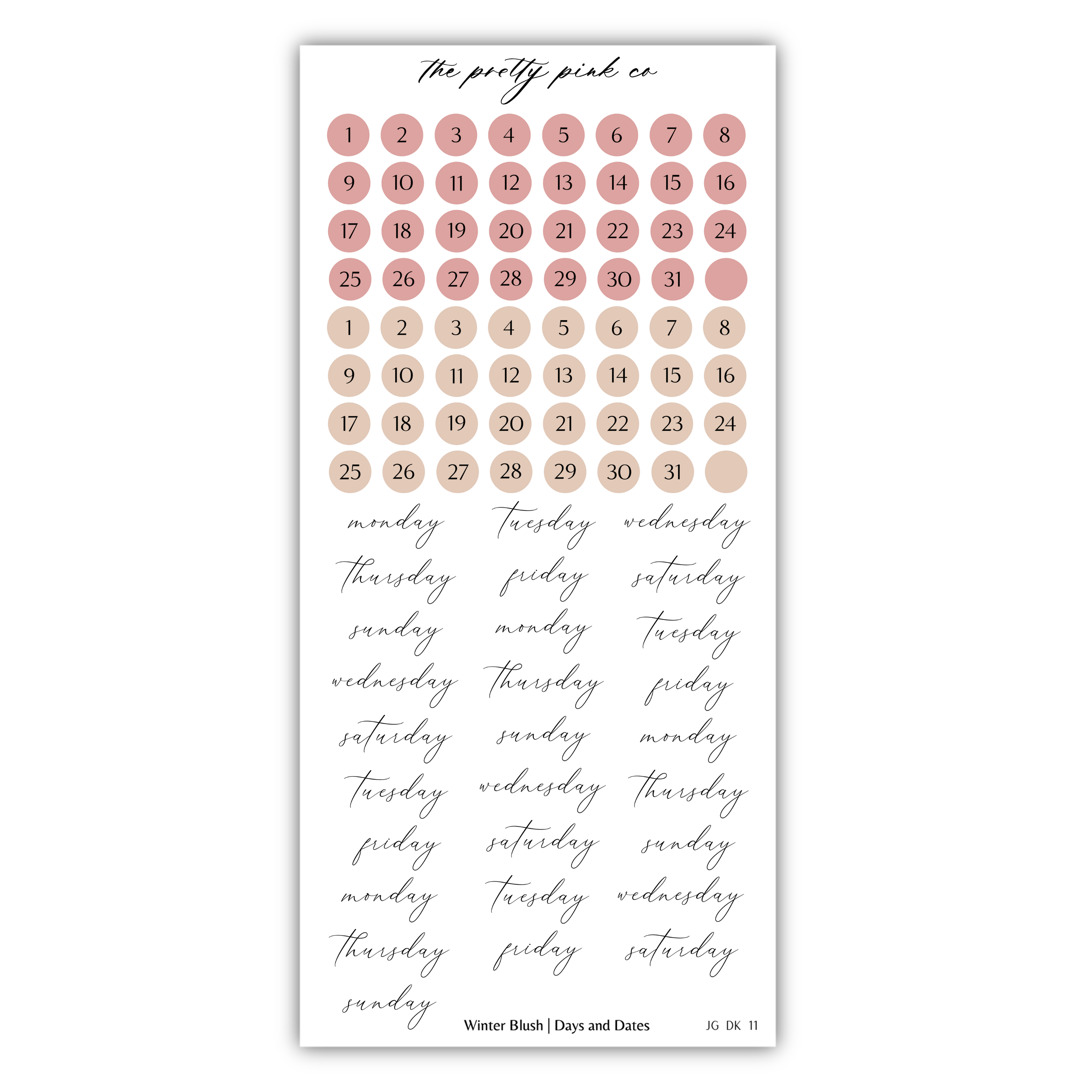 The image is a calendar with a grid of numbers representing days of the week, and a list of days of the week written in cursive.
