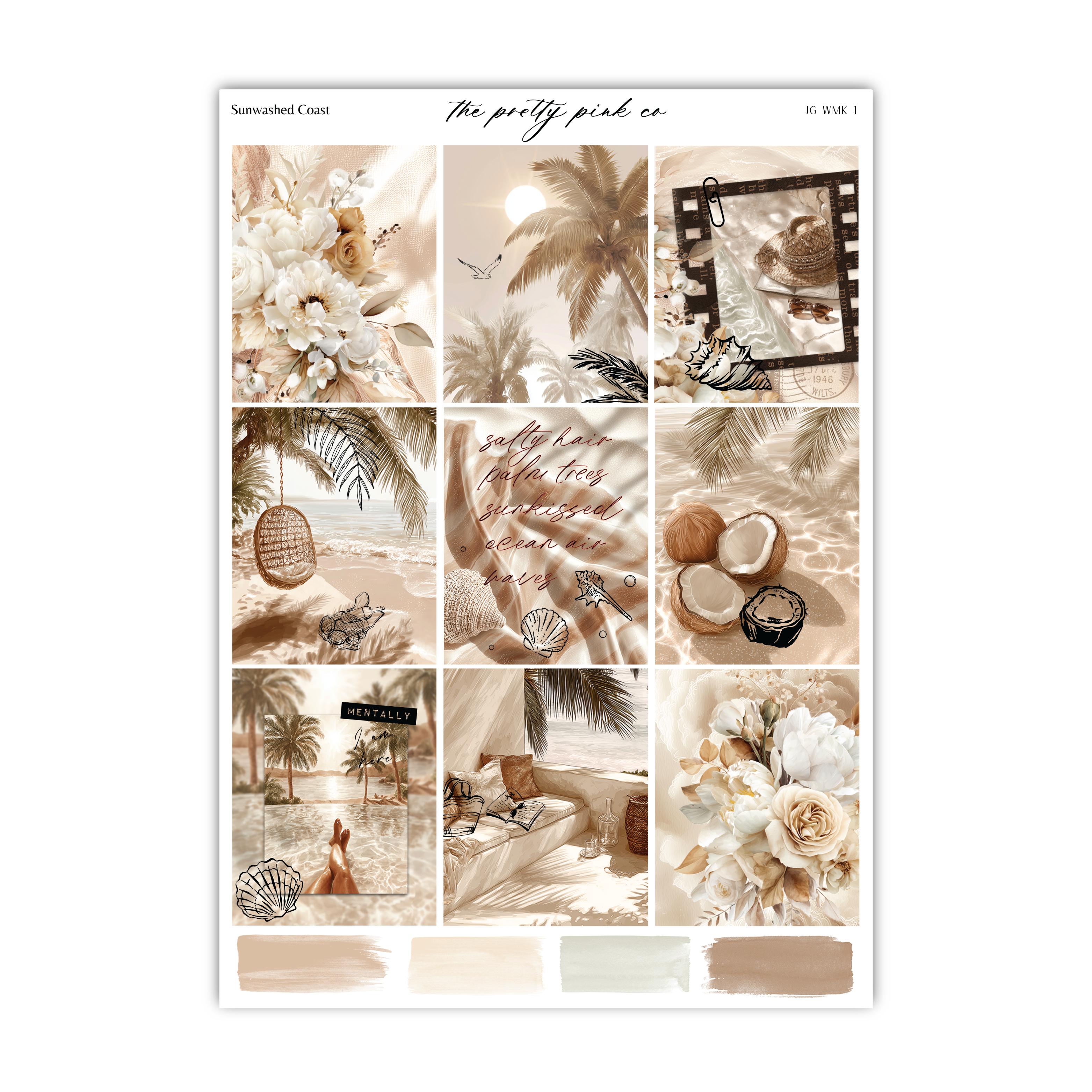 The image is a collage of various tropical and beach-themed images, including palm trees, flowers, coconuts, and people enjoying the beach.