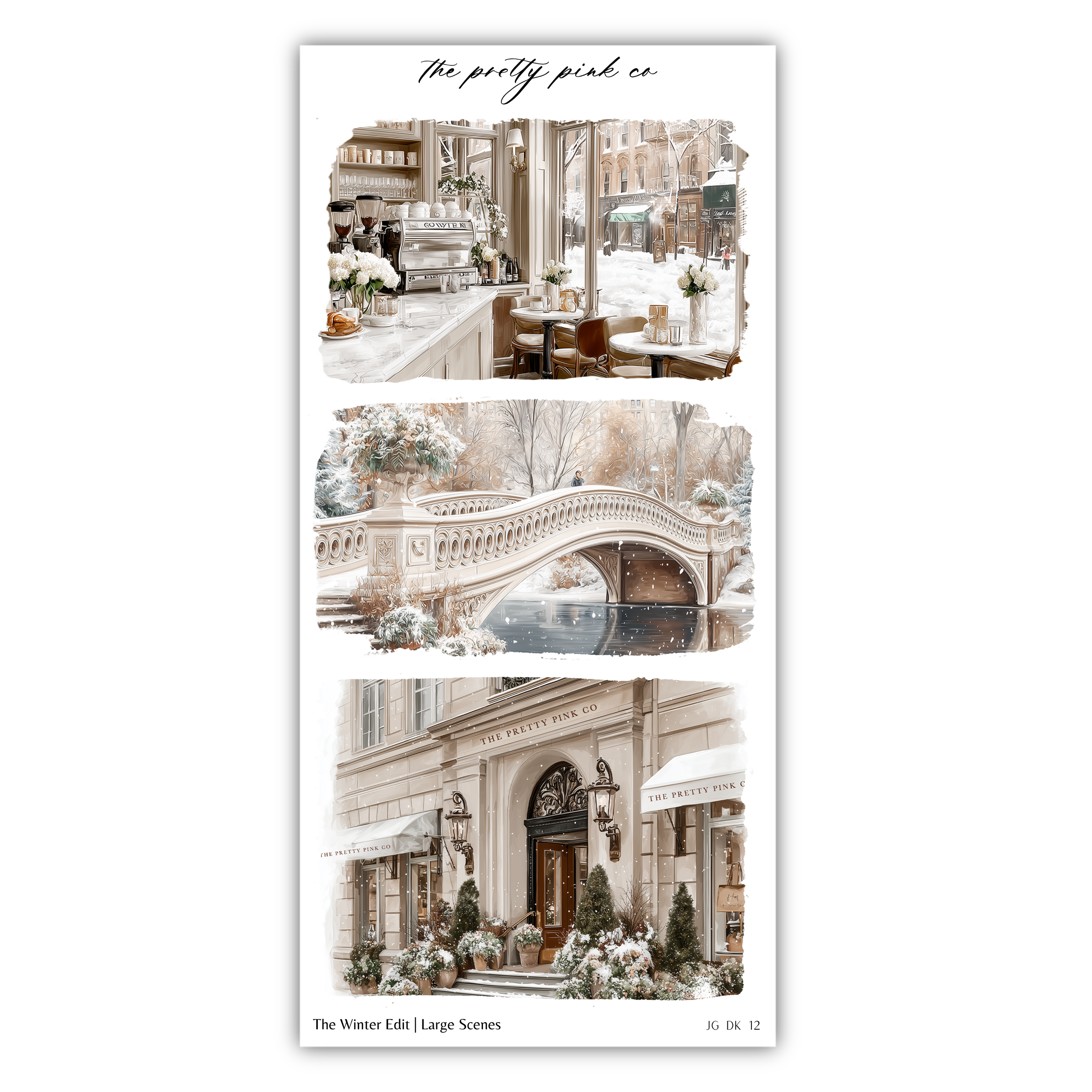 The image is a collage of three pictures depicting various scenes, including a cafe, a bridge, and a building with a sign that reads "The Pink Co."