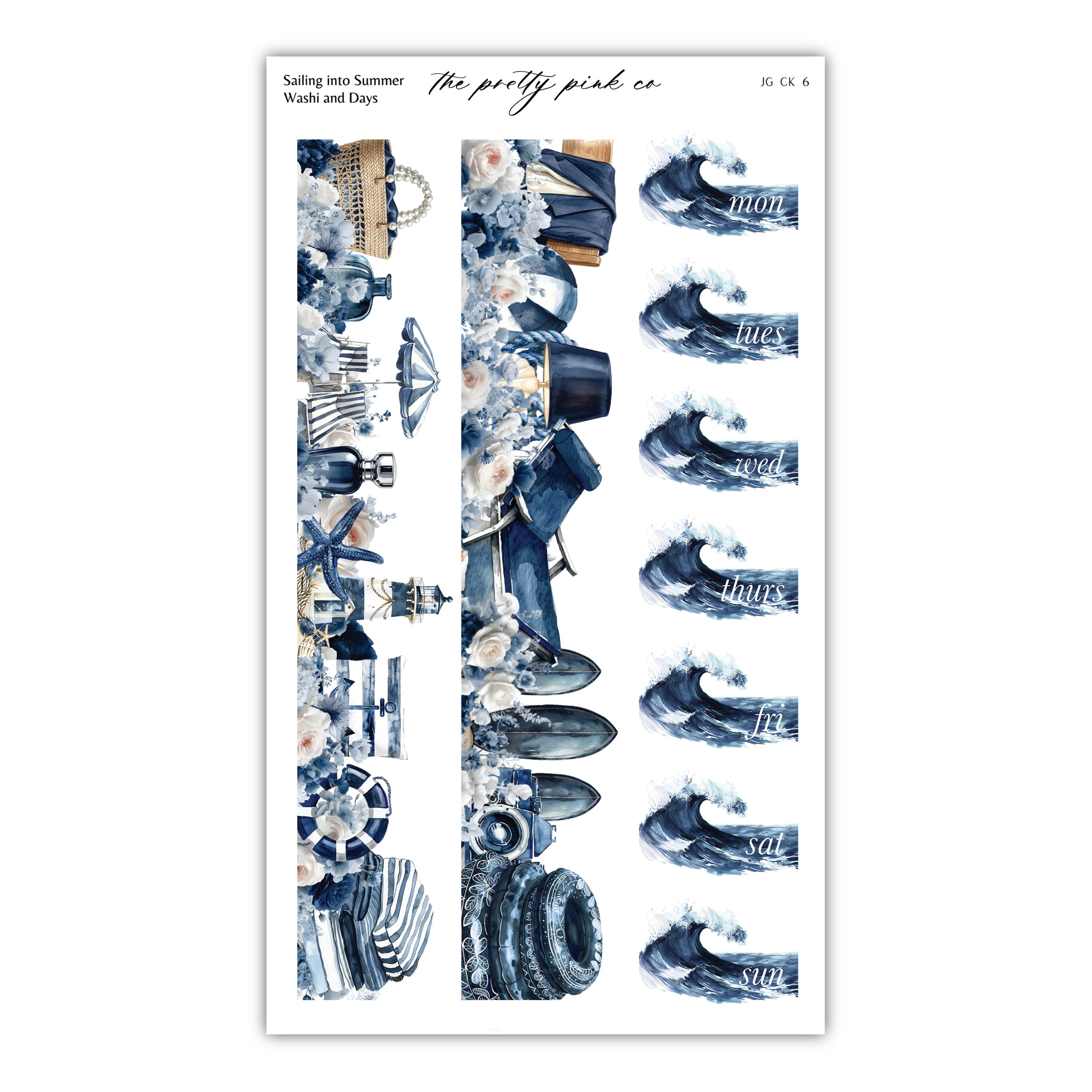 The image is a collage of various objects and scenes, including a handbag, a hat, a surfboard, and a wave, all rendered in shades of blue and white.