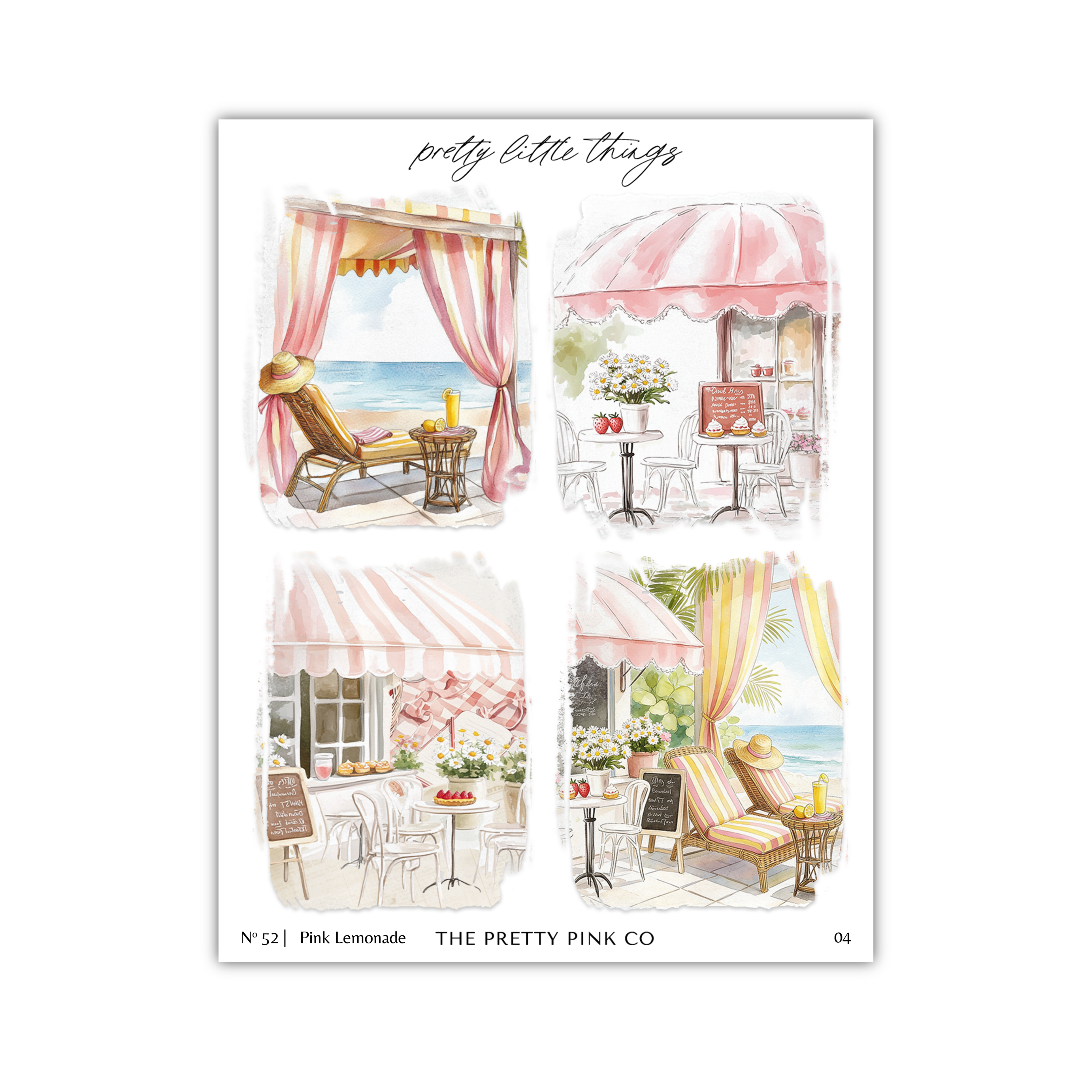 The image is a collage of four pictures depicting various scenes of a beachside café or restaurant, including outdoor seating, tables, and umbrellas.