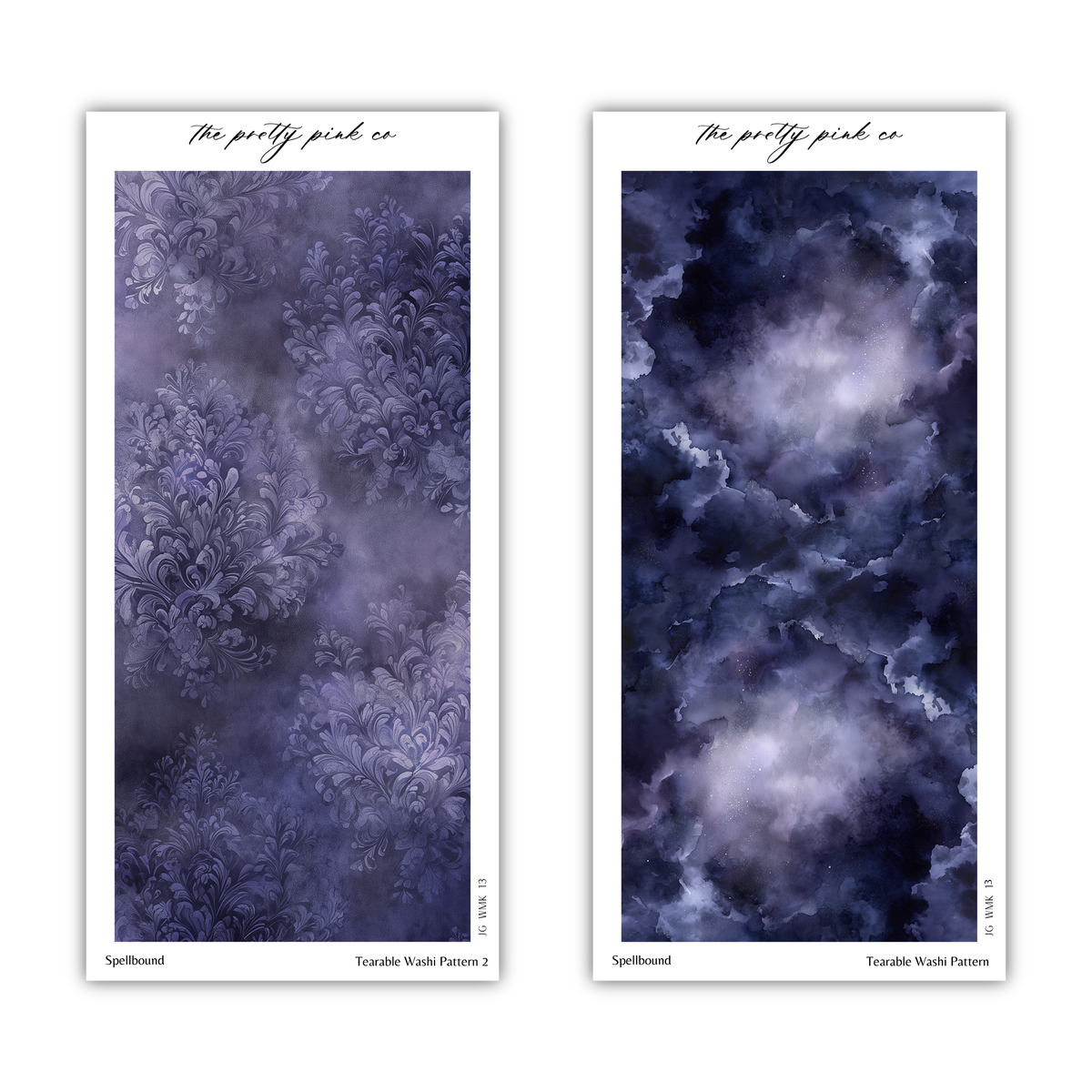 two abstract artworks with different color schemes and patterns. The artworks are titled "The pretty pink co" and "Terrable Washi Pattern 2".
