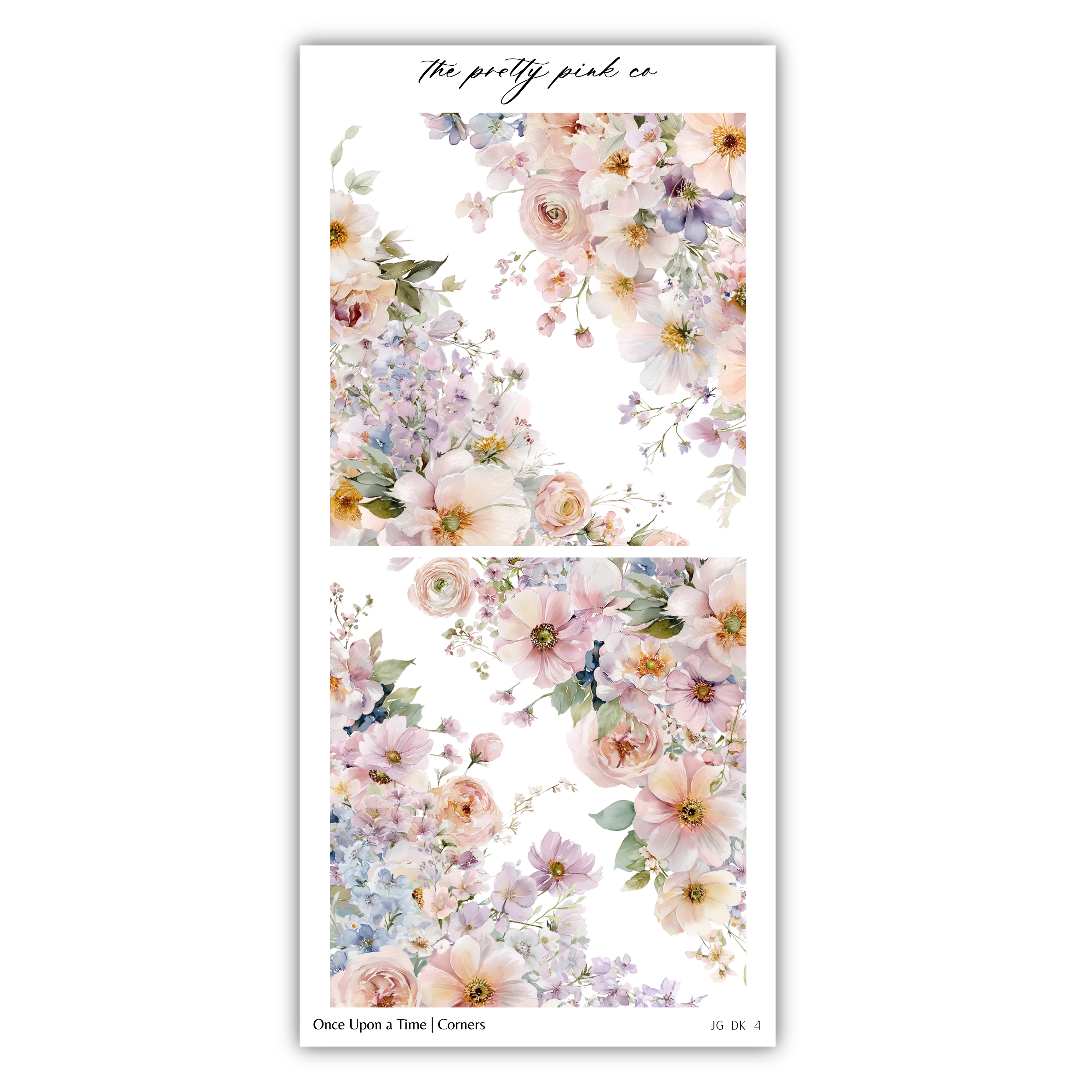 The image is a collage of two floral images, each featuring a variety of colorful flowers and greenery. The collage is titled "Once Upon a Time (Cells)" and includes the text "The pretty pink co" at the top. The images are arranged side by side, showcasing the beauty and diversity of the floral designs.