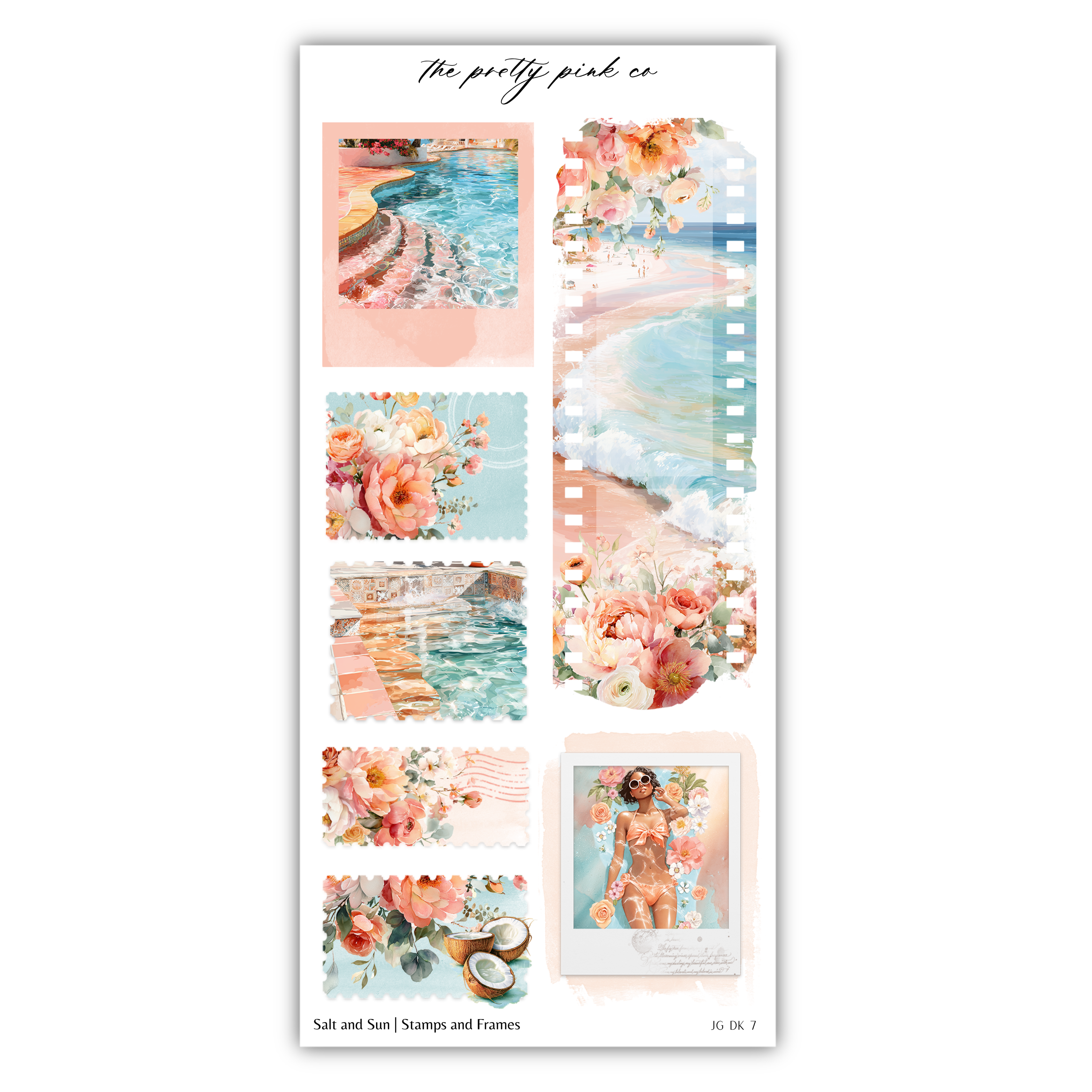 a collage of various floral and nature-themed images, including a seascape, a beach scene, and a woman in a tropical setting. The collage is organized into several frames, each showcasing different elements of the natural world, such as flowers, water, and landscapes. The overall composition of the collage is visually appealing and evokes a sense of relaxation and enjoyment of nature.