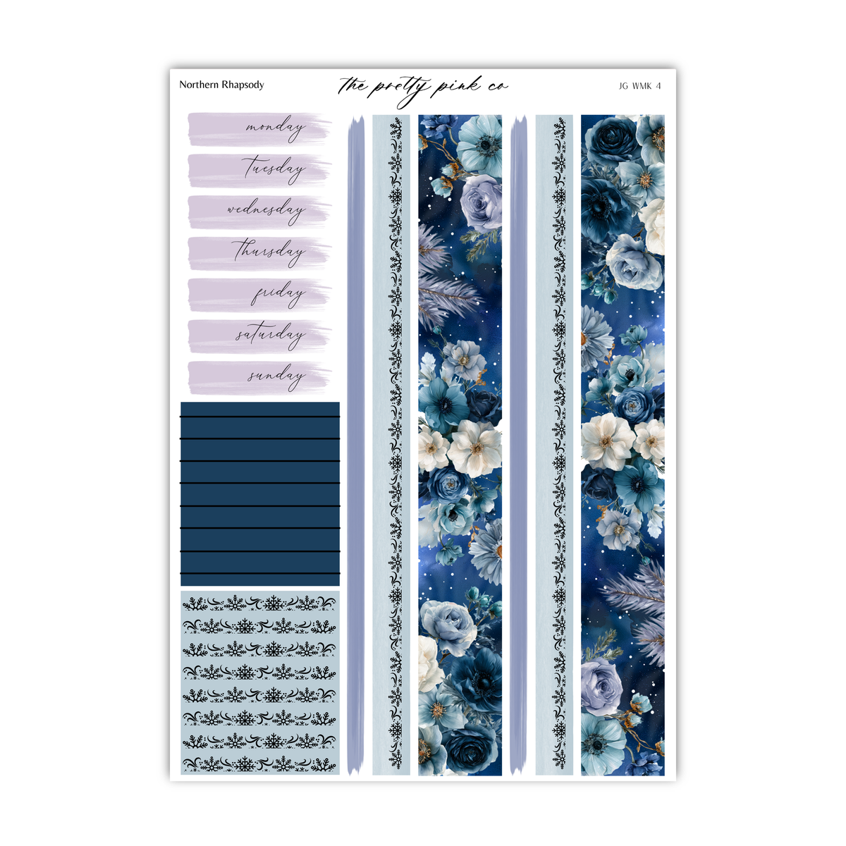 The image is a collection of various elements, including a floral pattern, a blue and white striped design, and a list of days of the week.