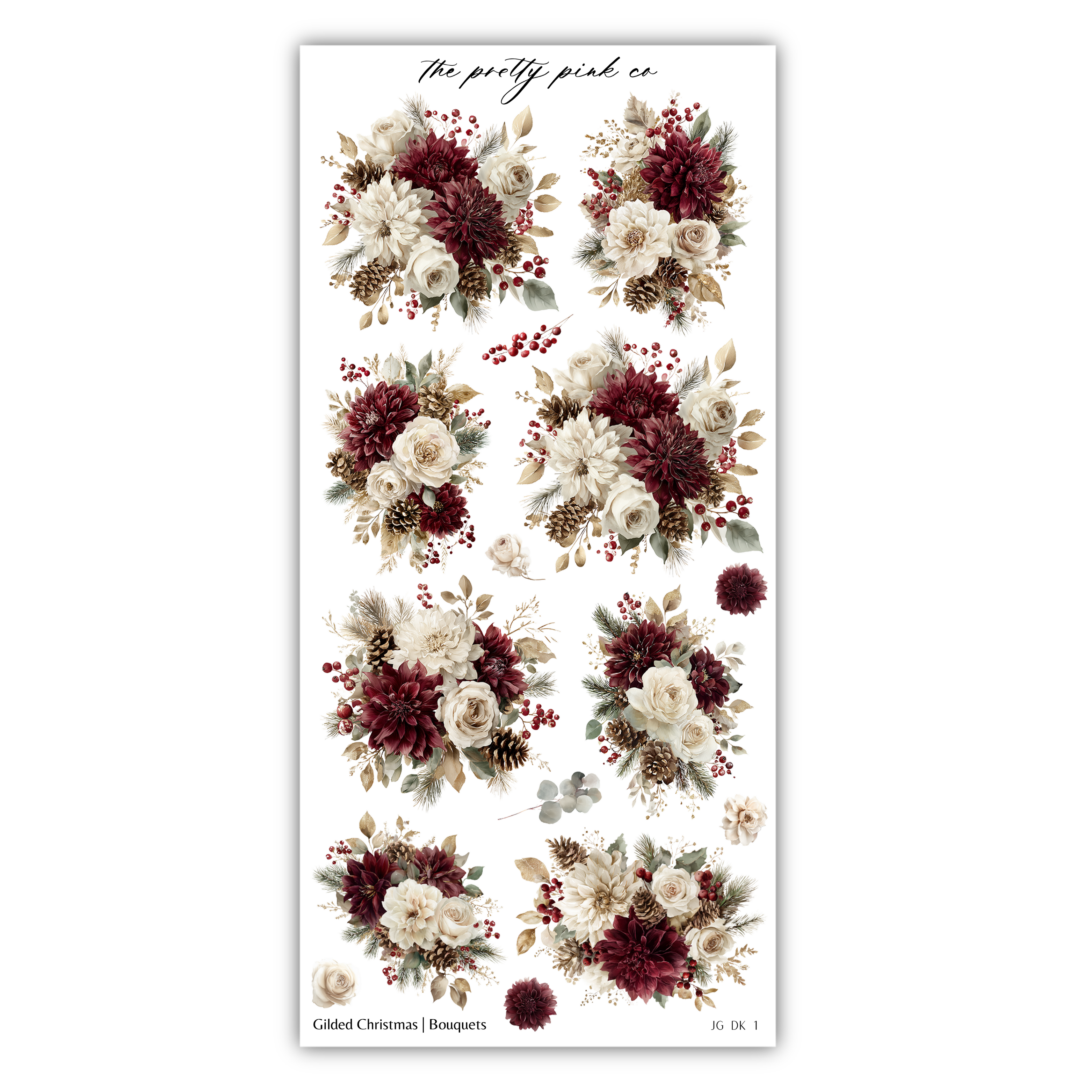 The image is a collage of various floral arrangements, including bouquets and potted plants, featuring a mix of white, burgundy, and green flowers.