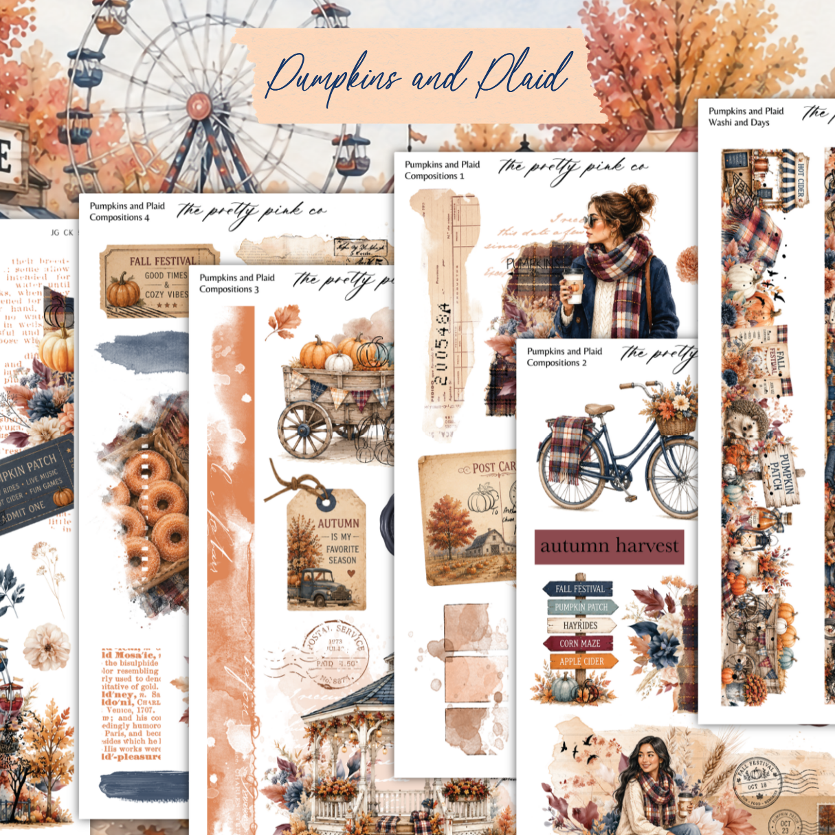 The image is a collage of various autumn-themed elements, including pumpkins, plaid, and a ferris wheel. The collage features a woman in a plaid scarf, a bicycle, and other autumn-related imagery.