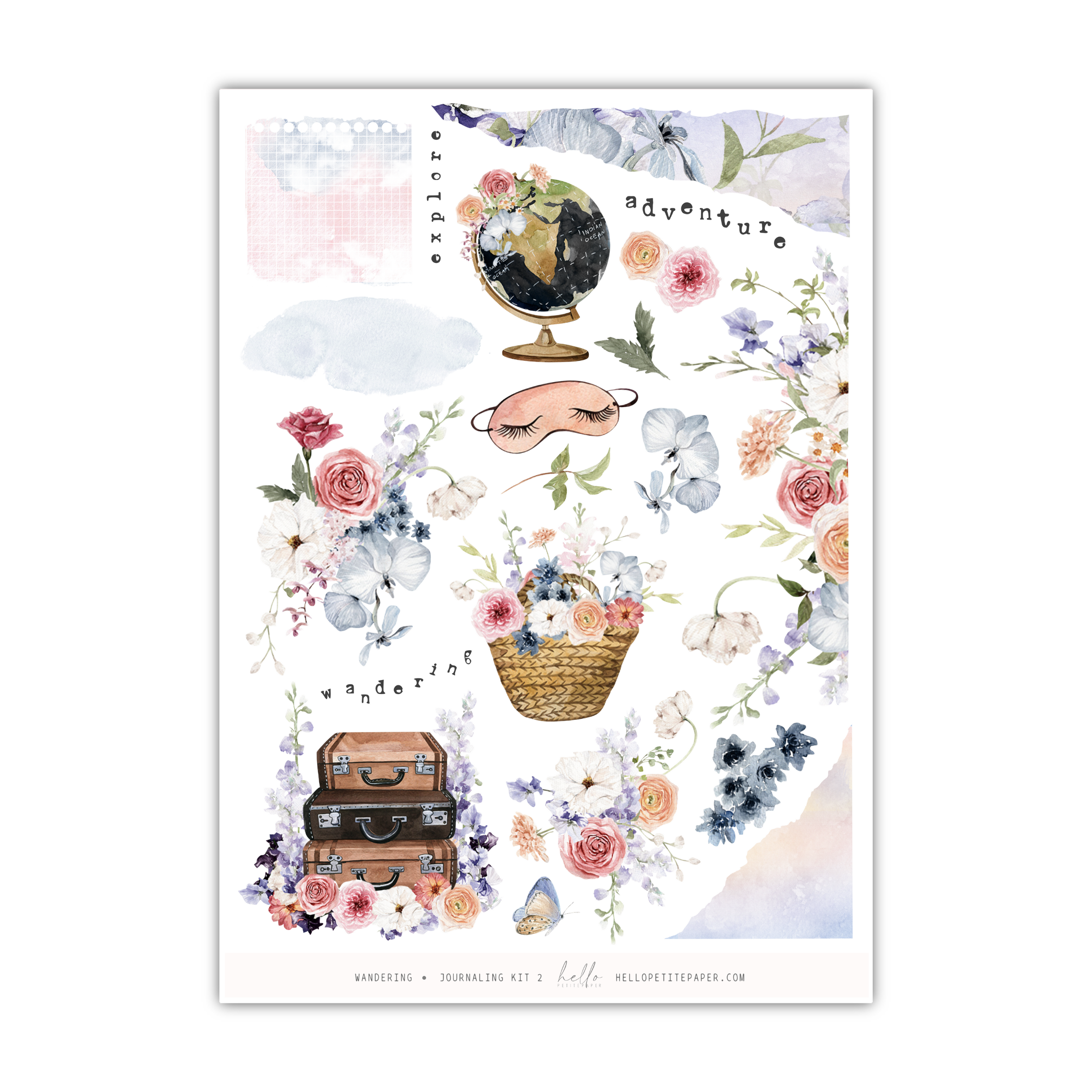 a sticker sheet with flowers and a suitcase