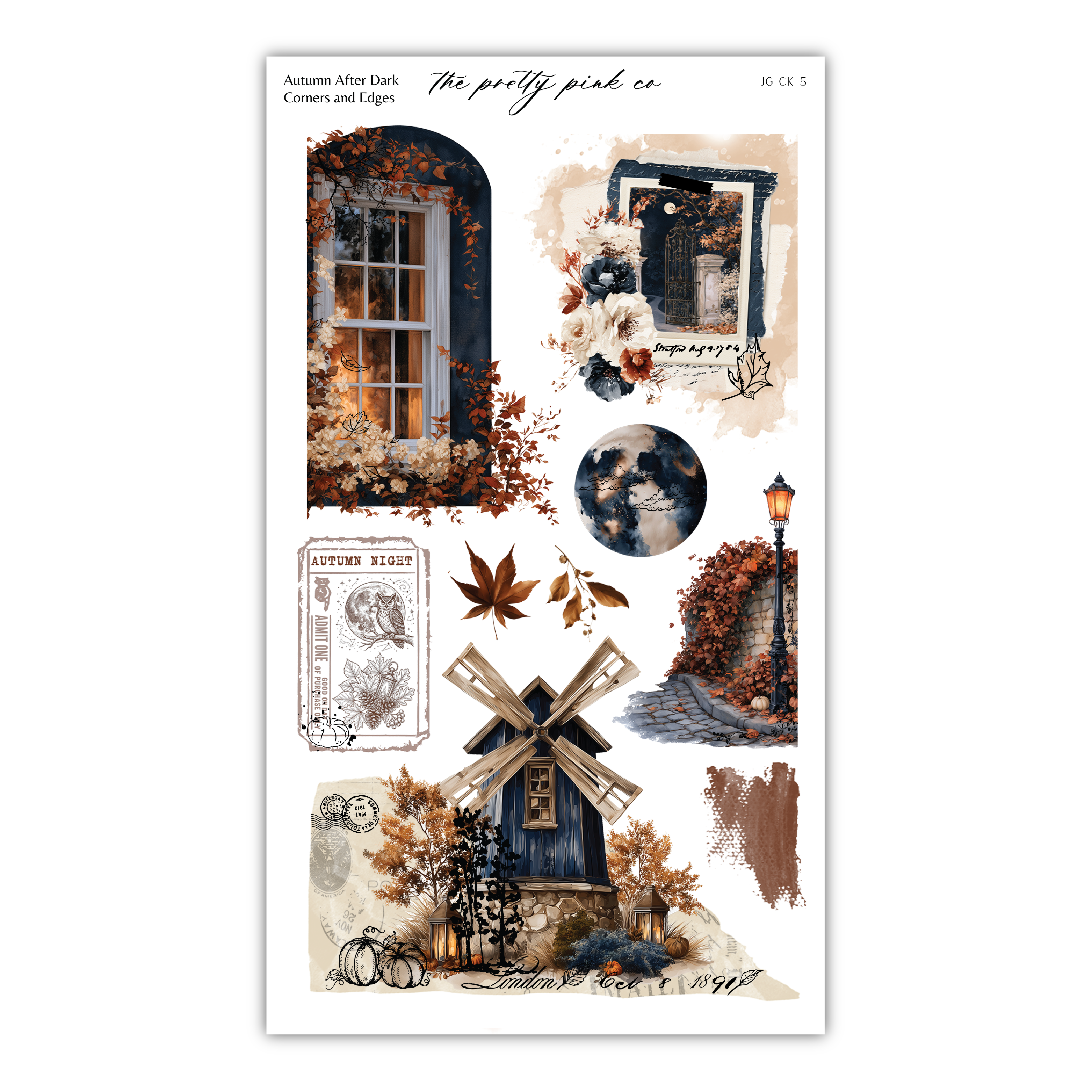 The image is a collage of various autumn-themed elements, including a window with flowers, a windmill, a lantern, and a tree with orange leaves. The collage is organized into different sections, each featuring a different autumn-themed element or illustration.