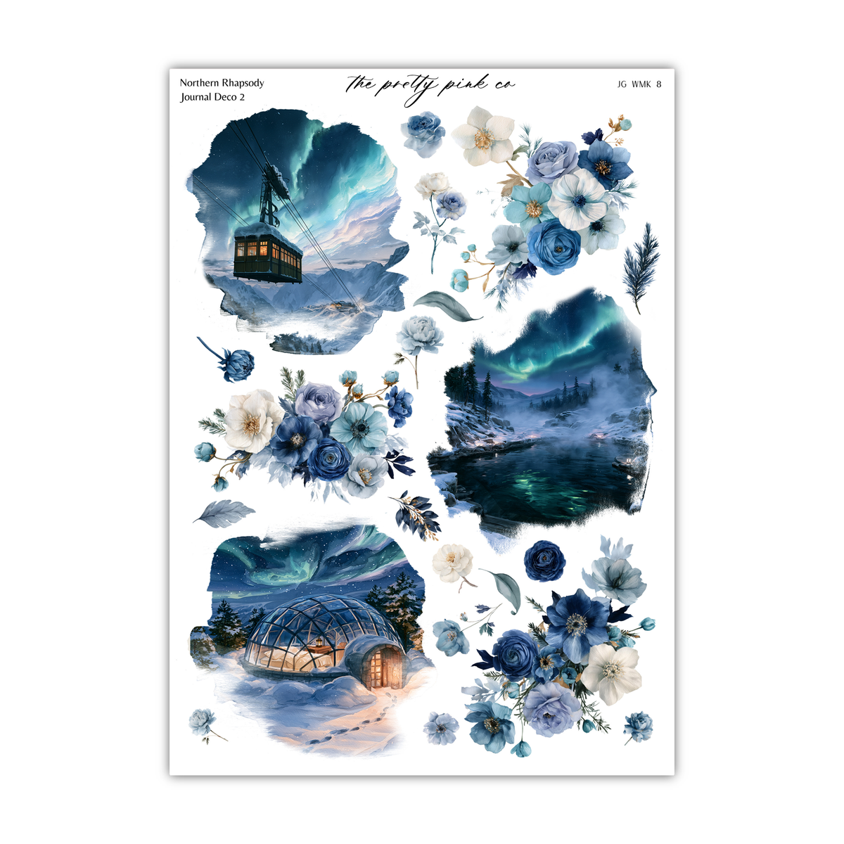 The image is a collage of various artistic elements, including a snowy landscape, a cabin, flowers, and a night sky with the northern lights.