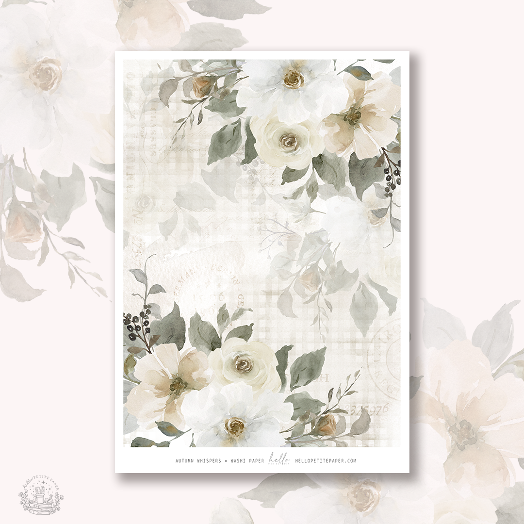 The image is a floral print with a repeating pattern of white and green flowers and leaves against a light background.