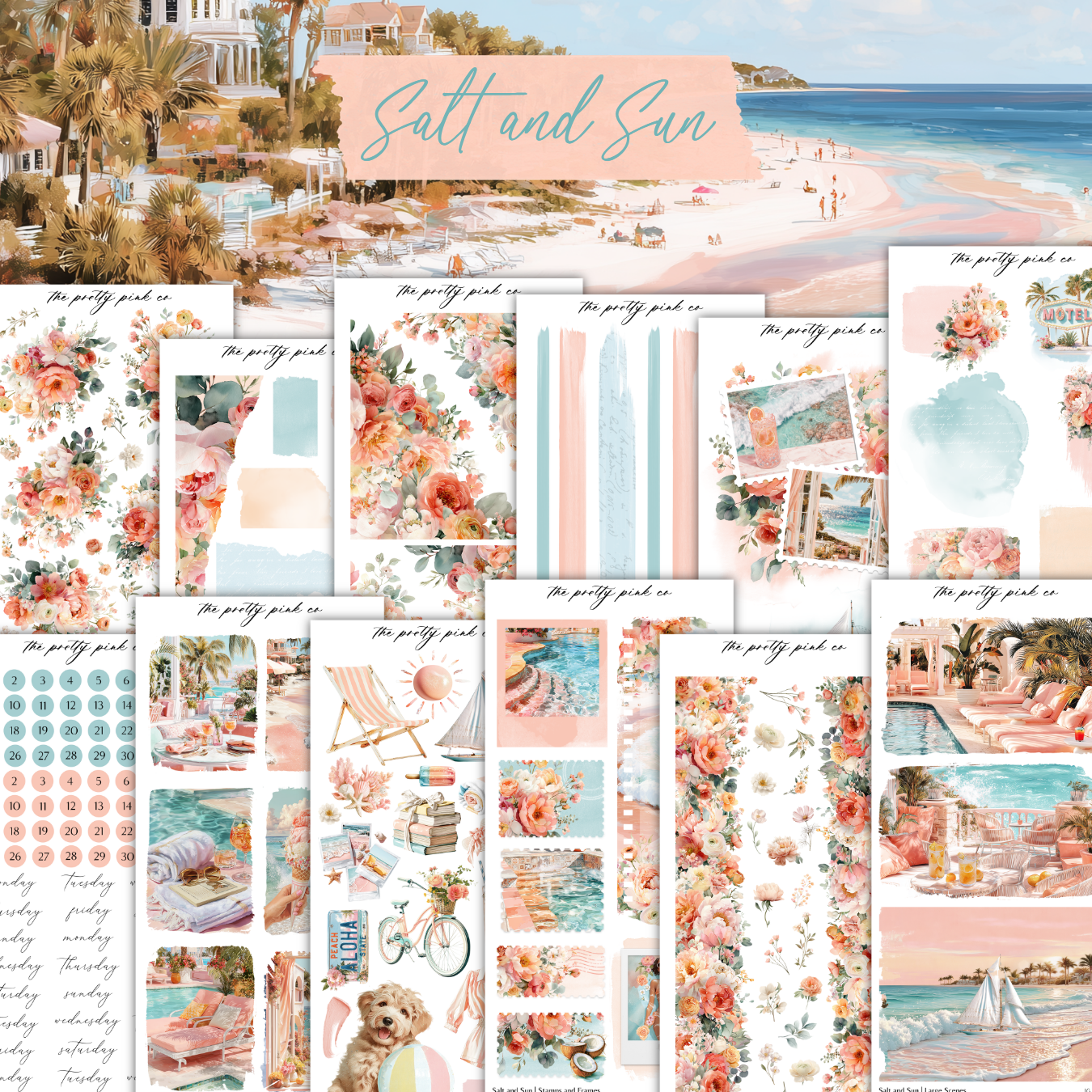 The image is a collage of various colorful and vibrant images, including beach scenes, floral patterns, and other beach-related elements. The collage appears to be a collection of different pictures or illustrations, possibly intended for use in a magazine, book, or other publication.