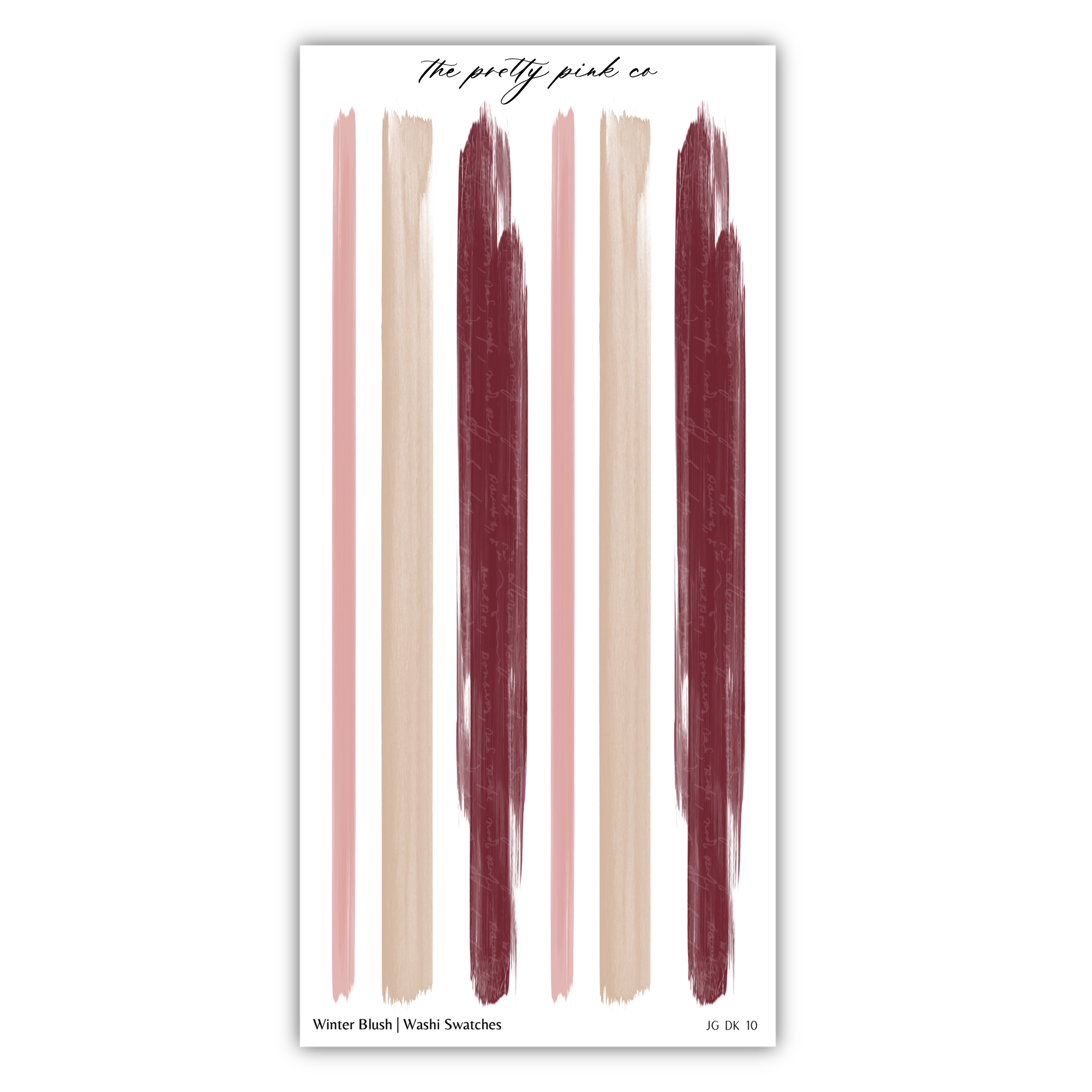 The image is a collection of abstract brushstrokes in various colors, including pink, red, and beige, arranged in a vertical line.
