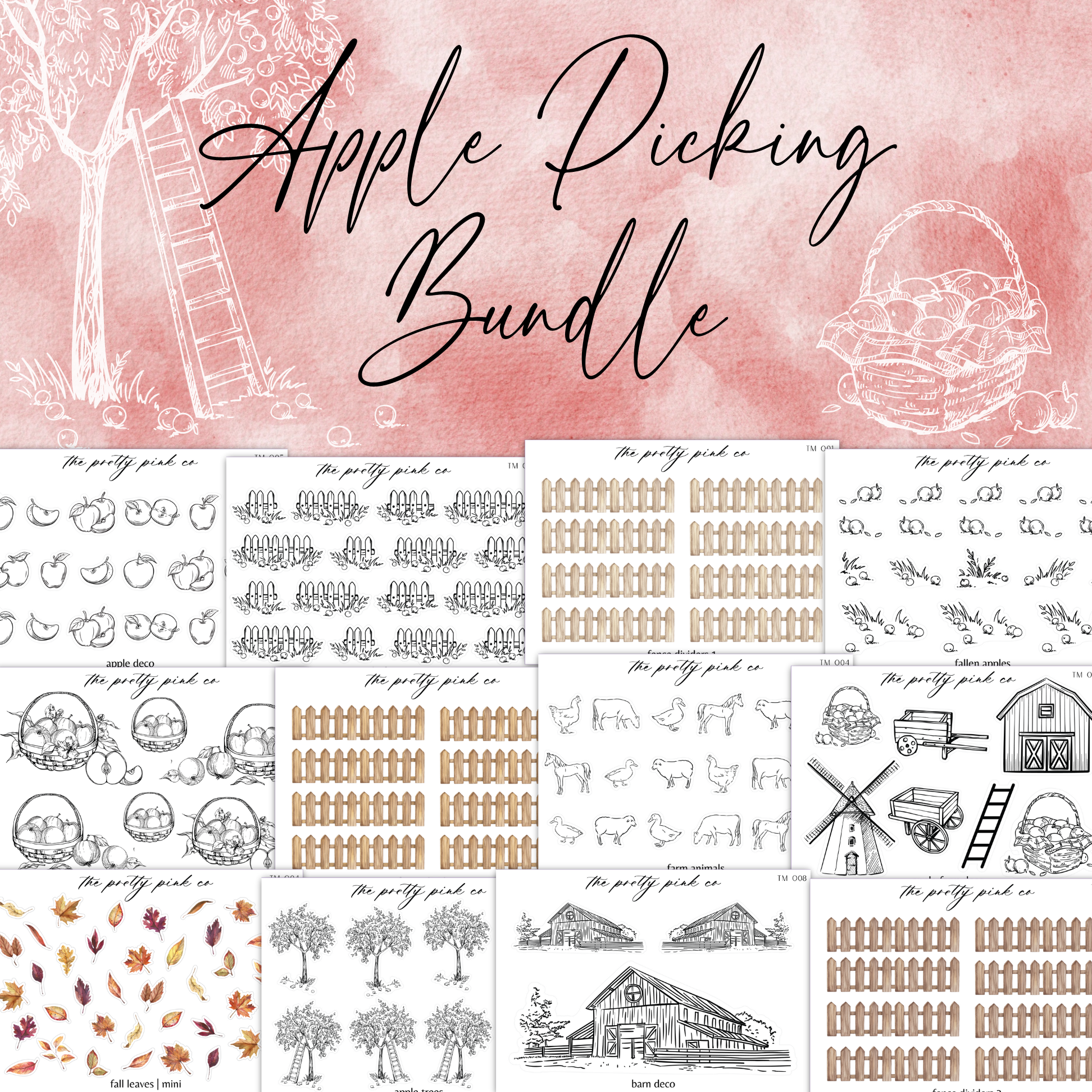 the apple picking bundle is shown with a pink background