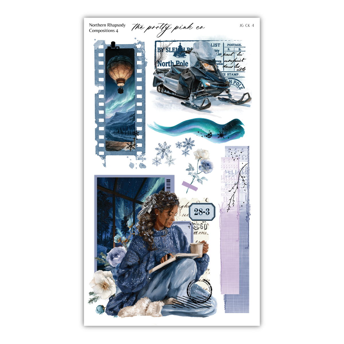 The image is a collage of various elements, including a hot air balloon, a snowmobile, a woman reading a book, and a hot beverage. The collage appears to be a creative and artistic representation of different aspects of winter and leisure activities.