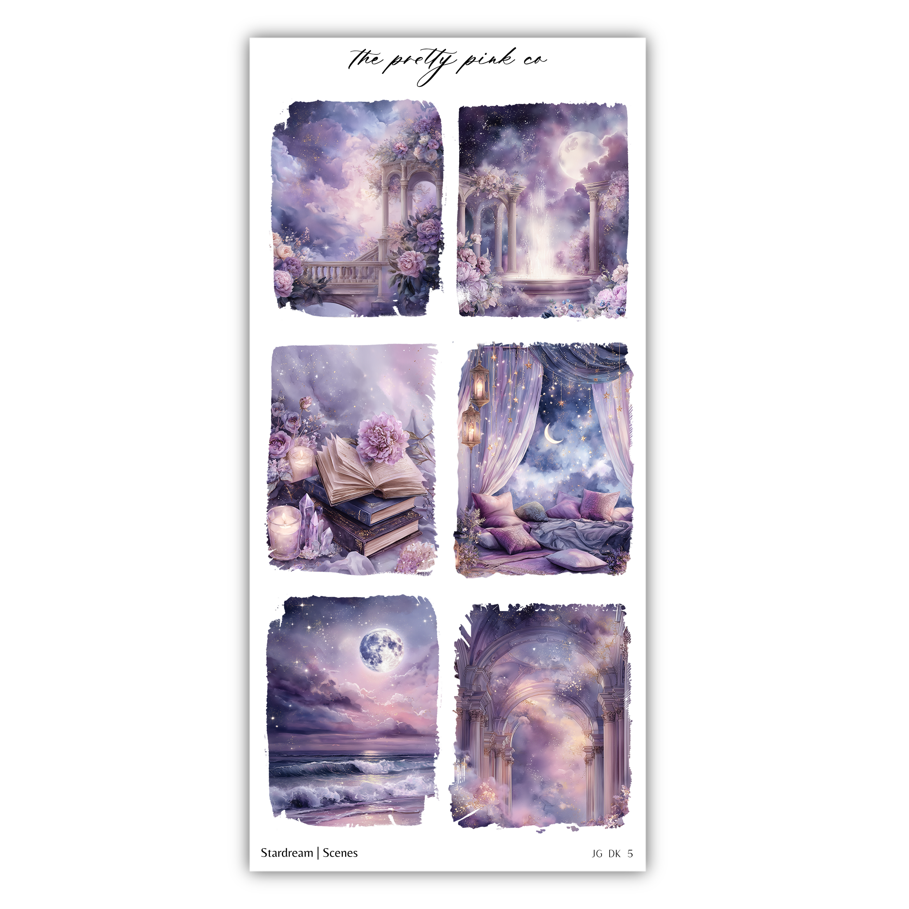 The image is a collage of six different scenes, each depicting a unique and fantastical landscape or setting. The scenes include a castle, a bridge, a garden, a library, a castle, and a castle. The overall color palette of the collage is predominantly purple, with accents of blue and pink. The collage is titled "The pretty pink co" and includes the text "Stardust Scenes" at the bottom.
