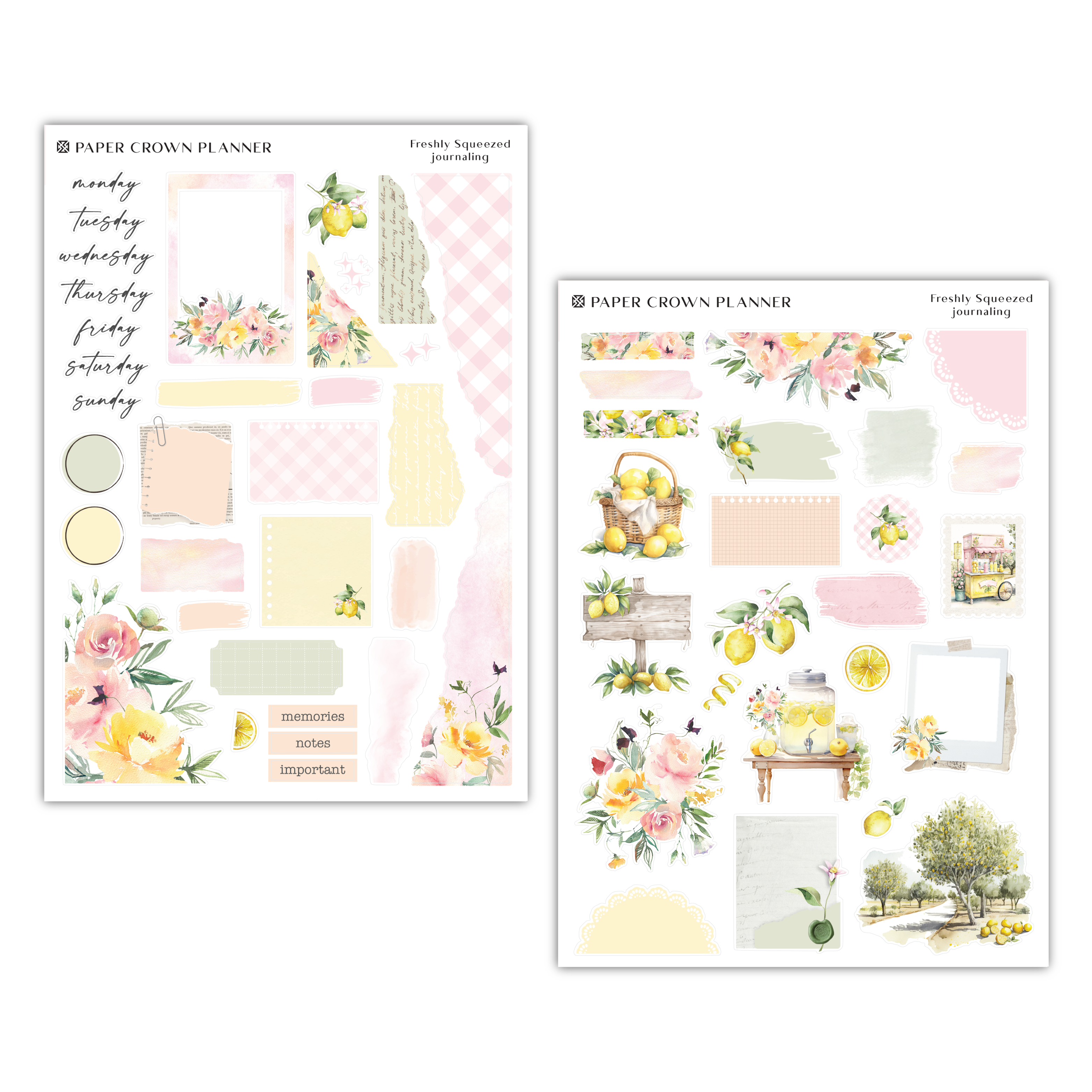 two sheets of paper with flowers and lemons on them