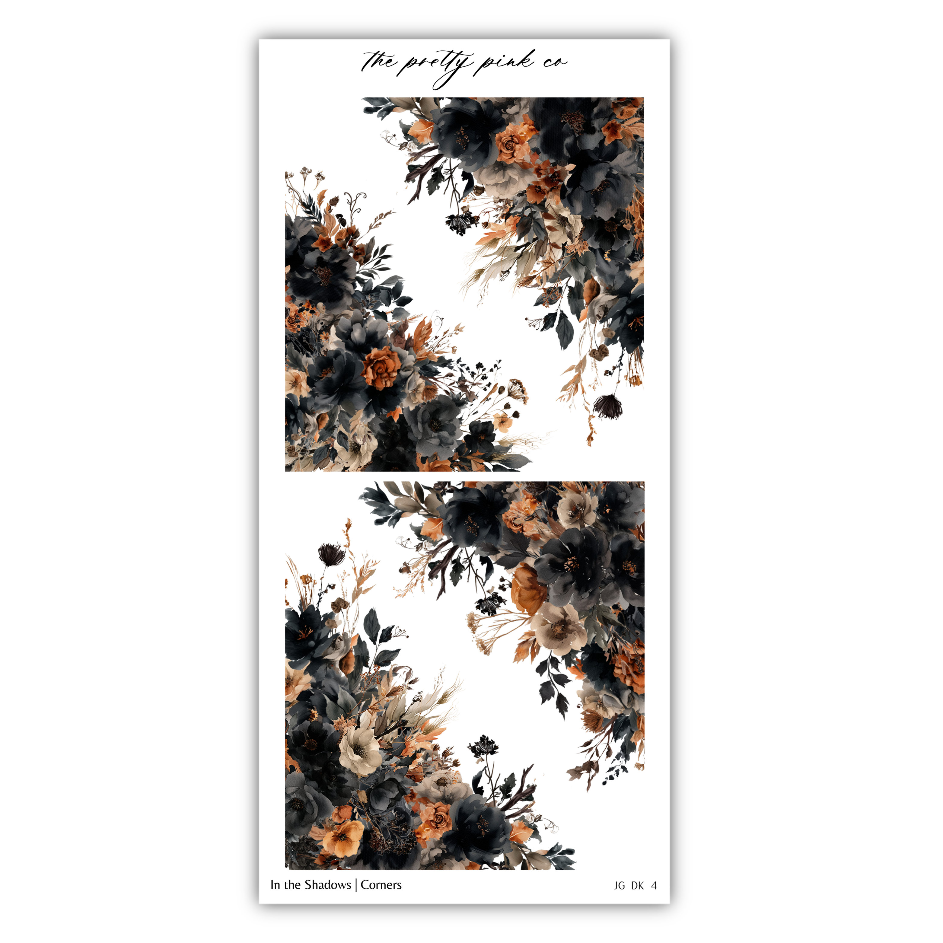 The image is a collage of two floral images, each featuring a large arrangement of flowers in shades of black, orange, and brown. The images are arranged side by side, creating a visually striking contrast between the dark and vibrant colors. The collage is titled "In the Shadows | Corners" and includes the text "The pretty pink co" at the top.