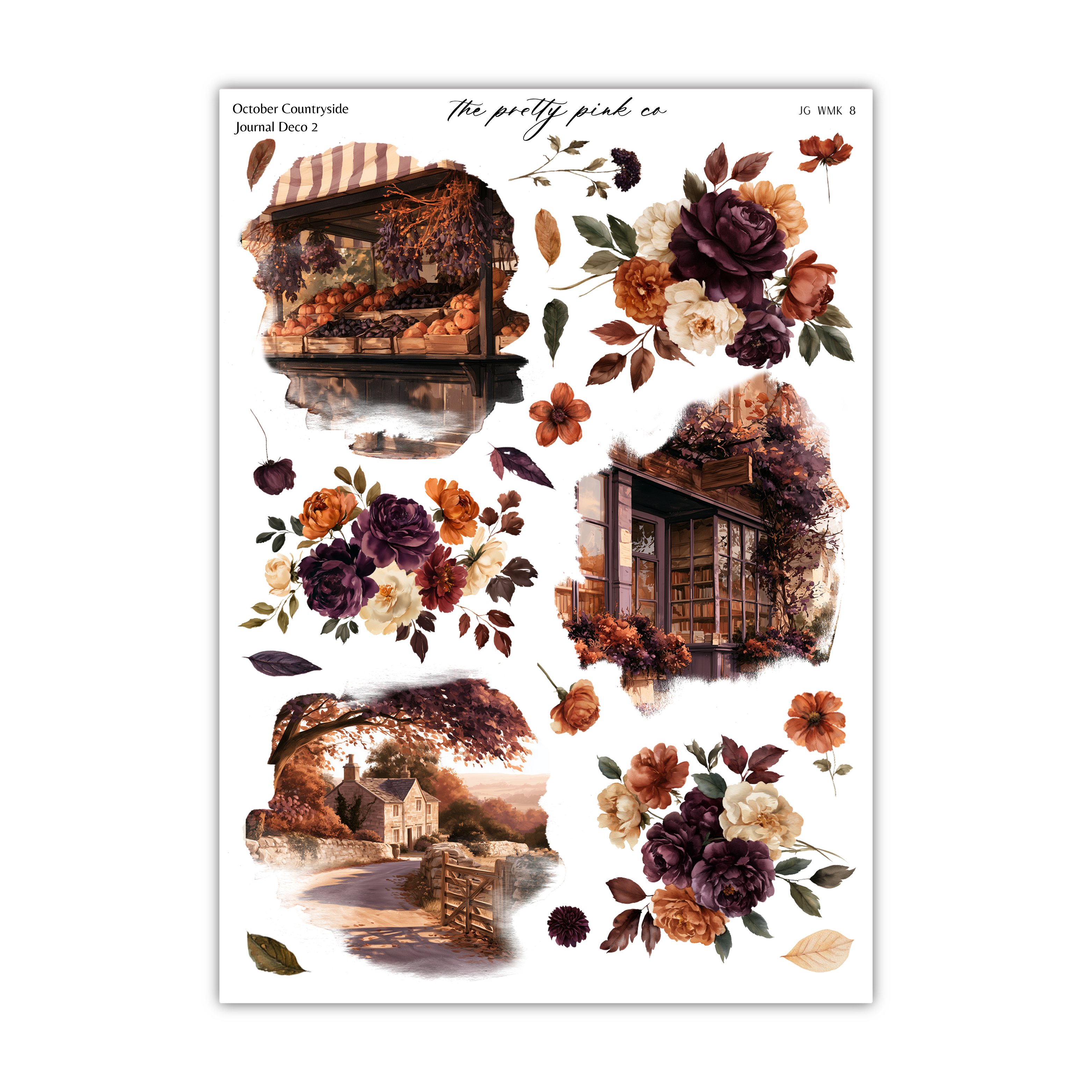 The image is a collage of various autumn-themed images, including a building, a tree, flowers, and leaves, all set against a white background.