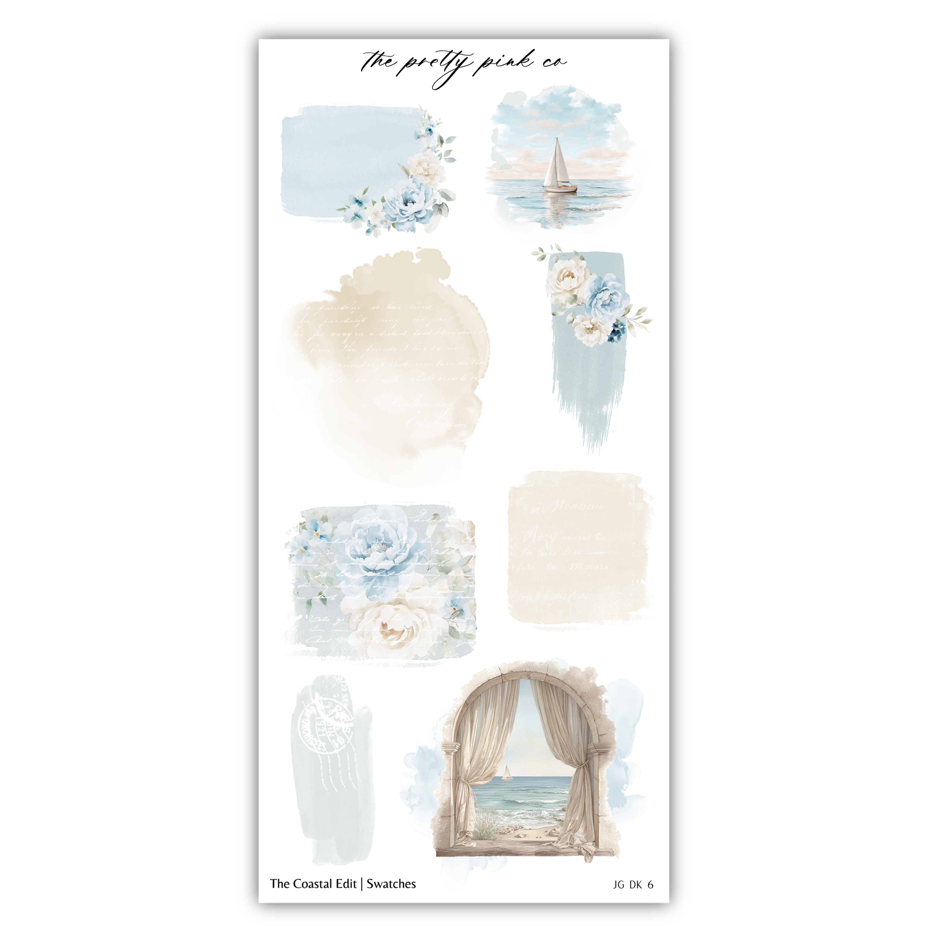 various watercolor-style illustrations and abstract elements, including a sailboat, flowers, and a window, arranged in a visually appealing manner.