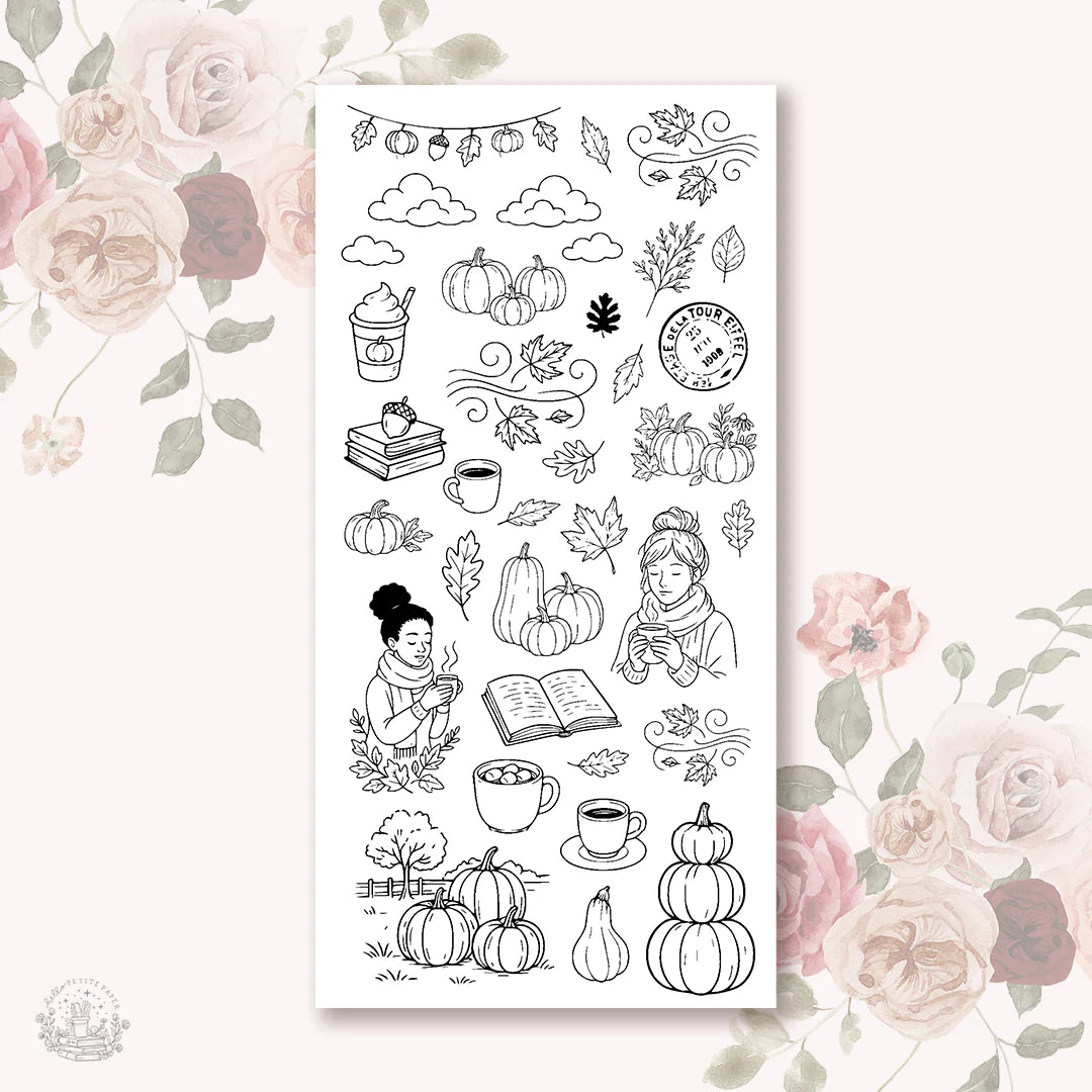 various hand-drawn illustrations and objects related to autumn, including pumpkins, leaves, books, cups, and other seasonal elements.
