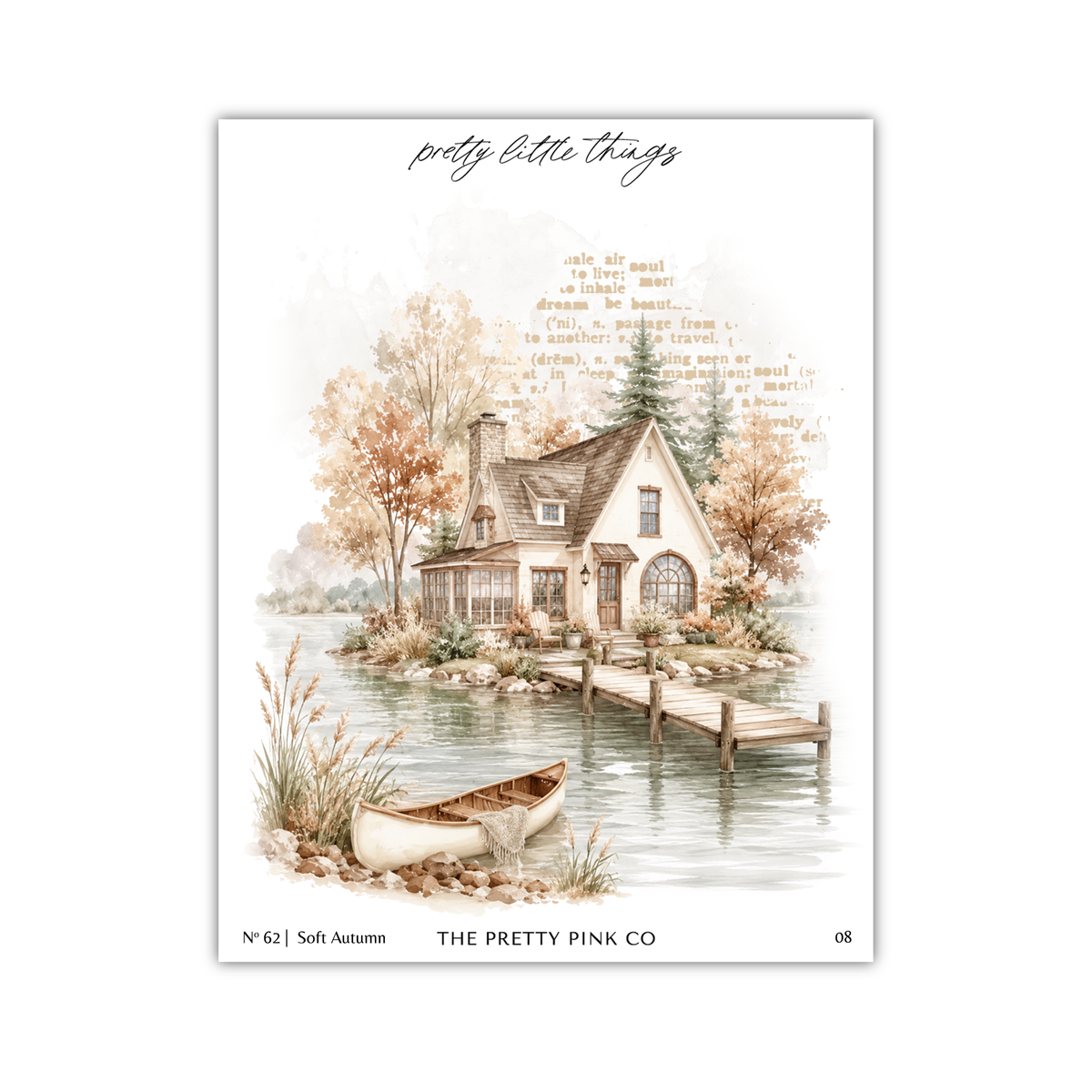 a serene lakeside cabin surrounded by autumn foliage, with a canoe moored nearby.