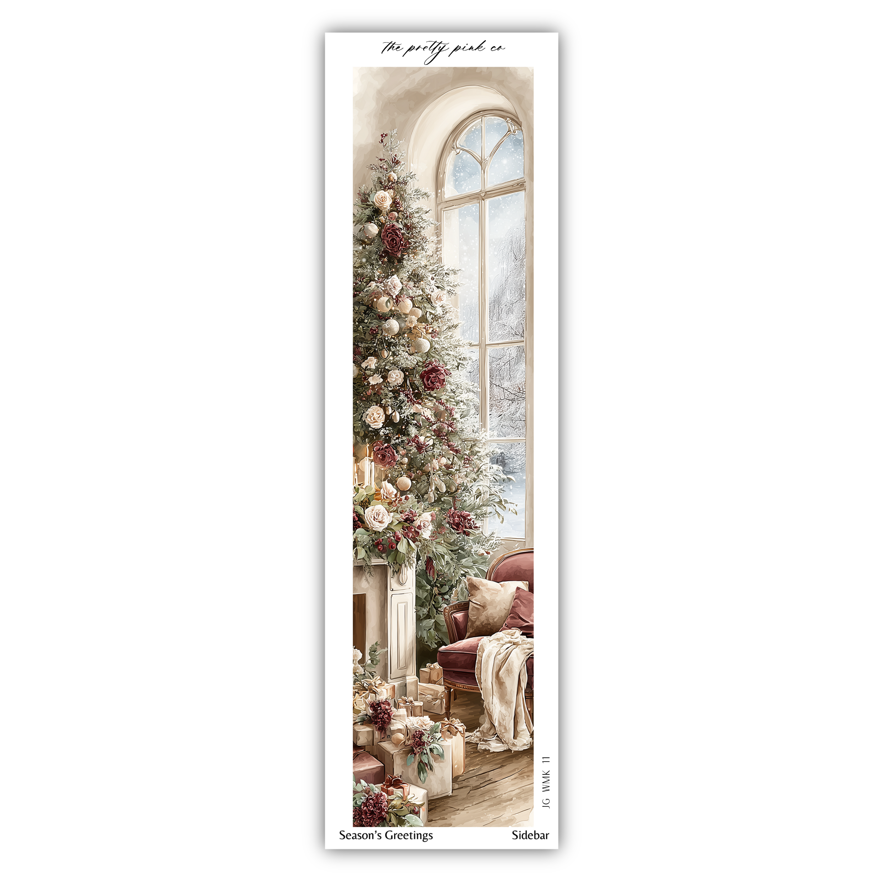A tall, narrow, and elegant Christmas tree adorned with ornaments and lights stands in a cozy room with a large window, a fireplace, and a comfortable chair.
