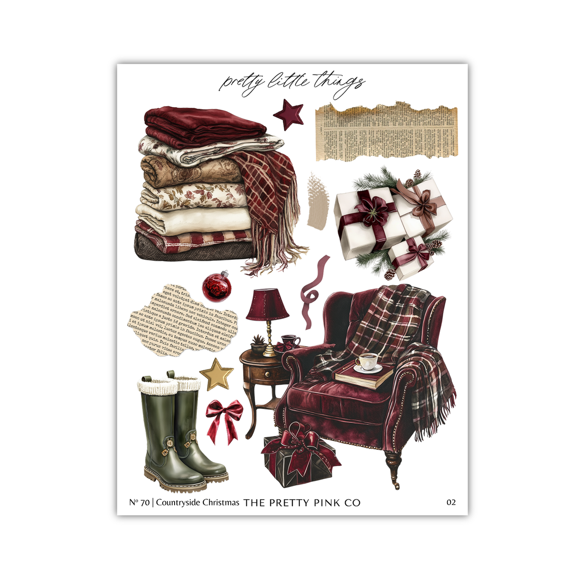 The image is a collage of various Christmas-themed items, including a stack of blankets, a pair of boots, a plaid blanket, a gift box, and other holiday-related objects.