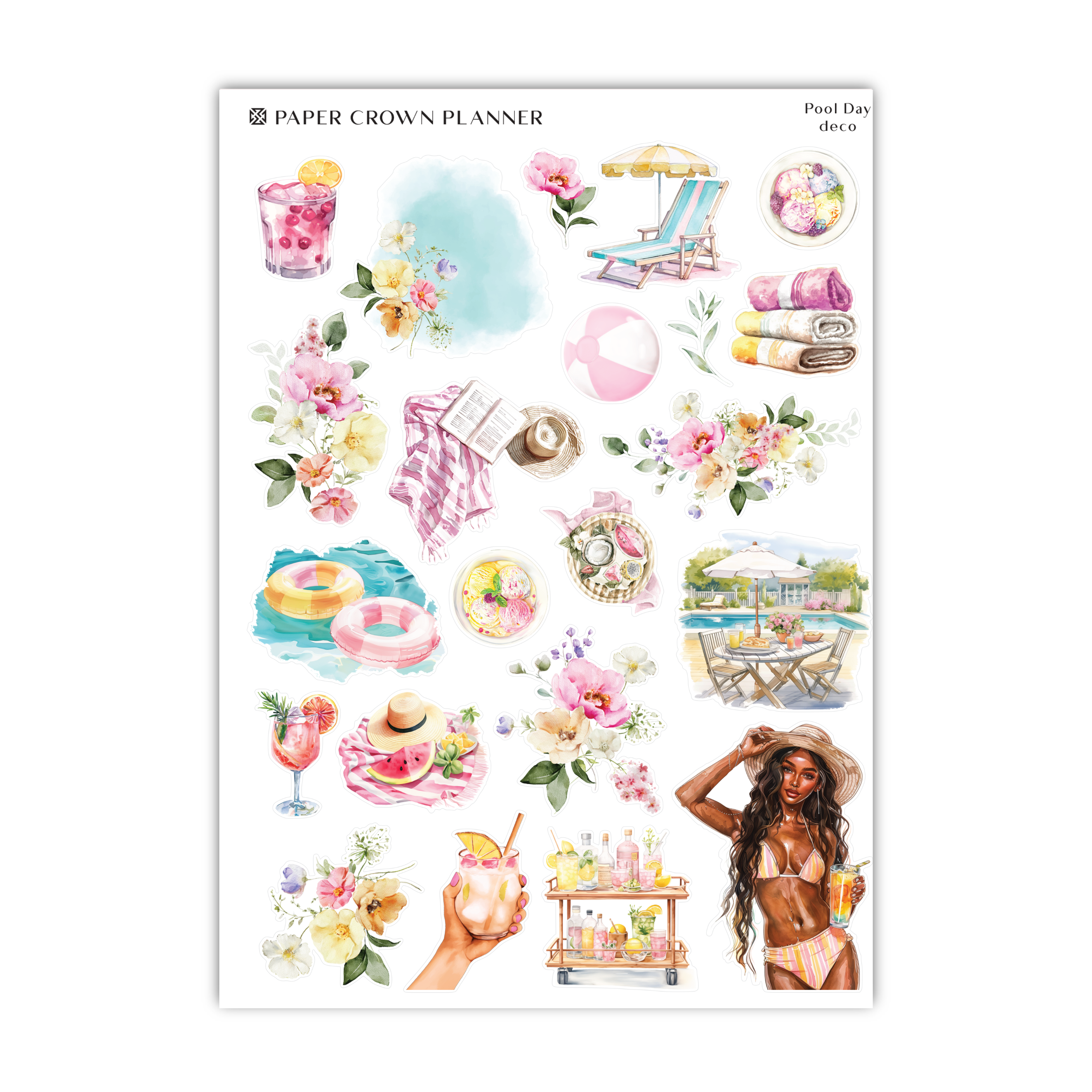 a sticker sheet with a woman and flowers on it