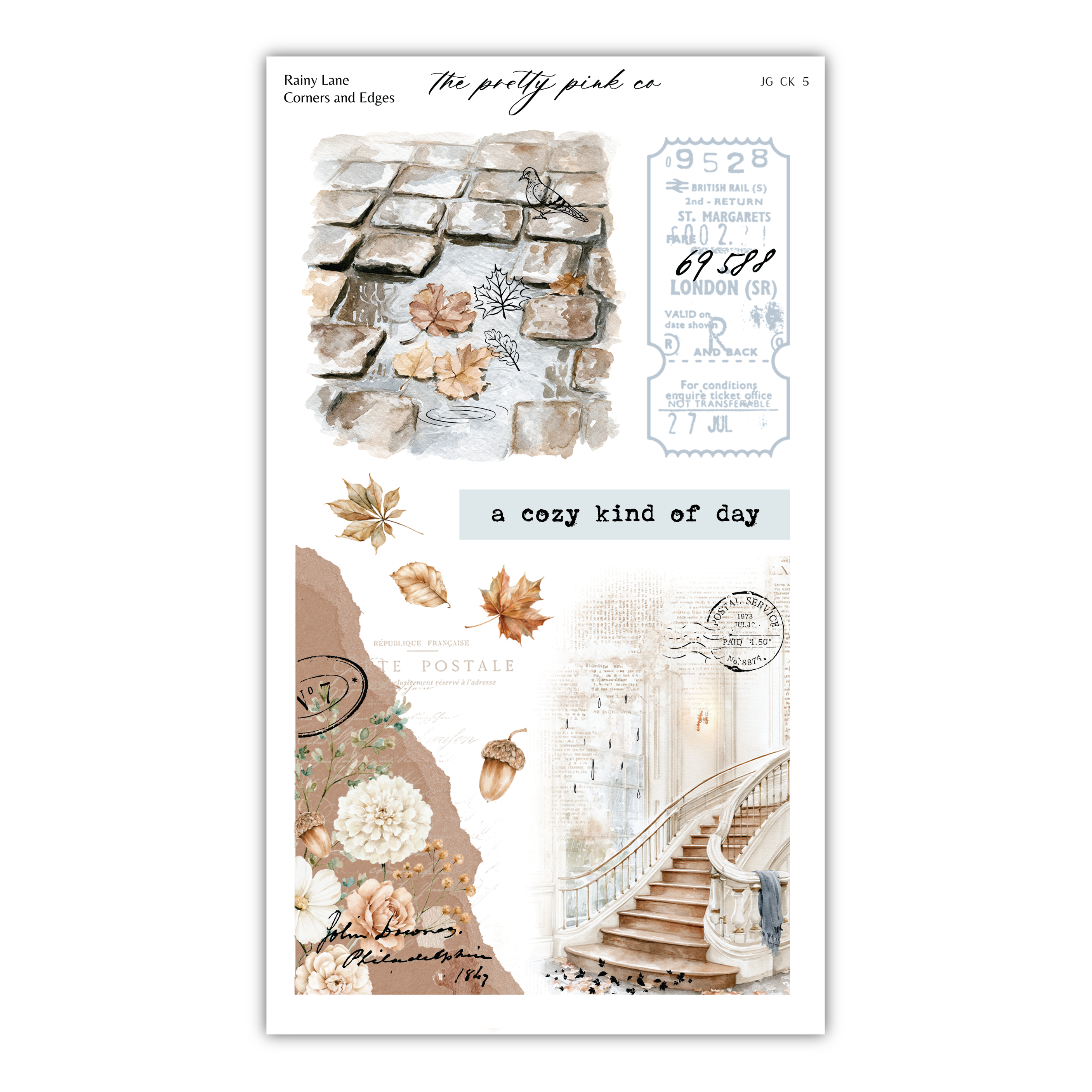 The image is a collage of various artistic elements, including a brick wall, leaves, flowers, and a staircase. The collage appears to be a creative and visually appealing composition, showcasing different textures, colors, and patterns.