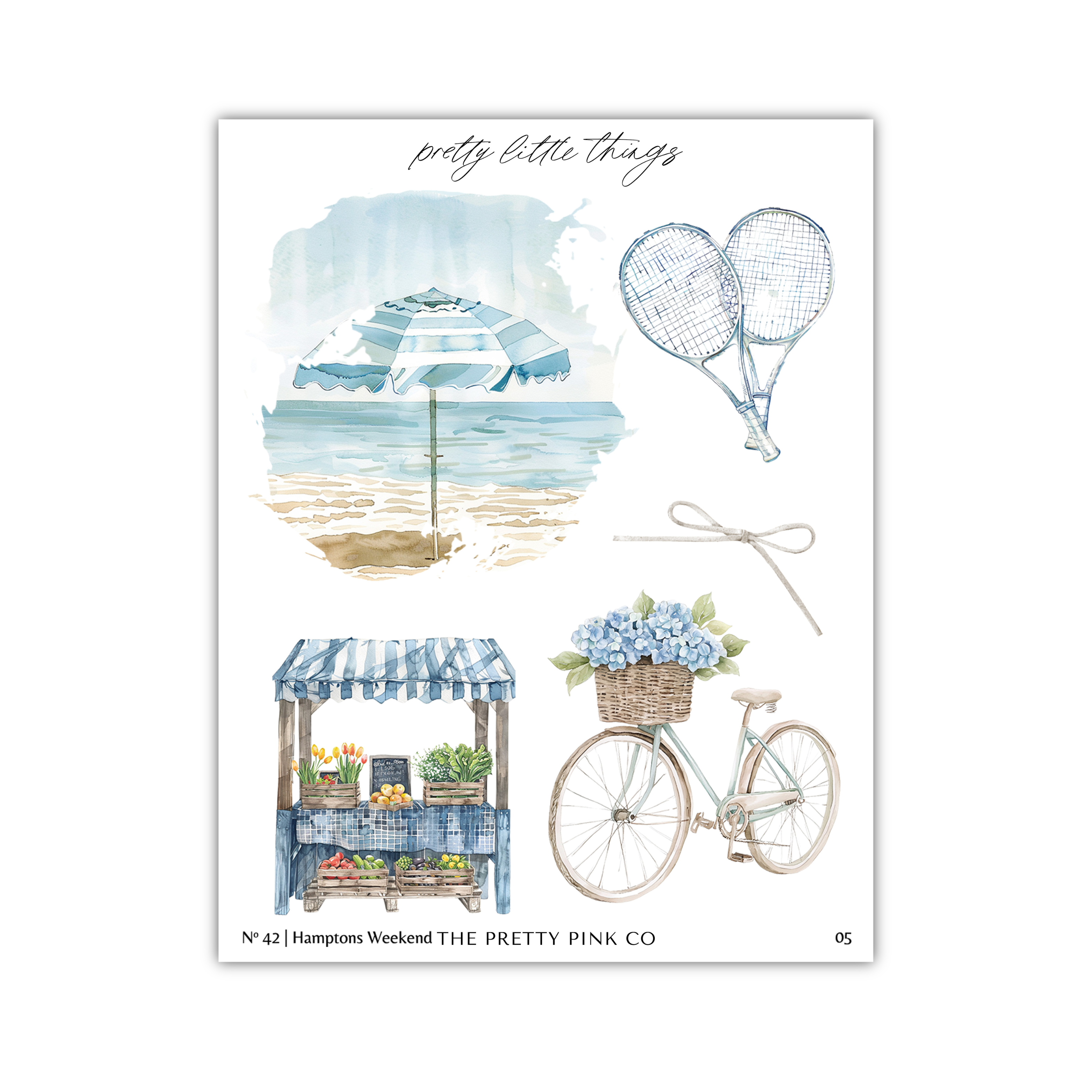 The image is a collage of various objects and scenes, including a beach umbrella, tennis rackets, a bicycle, a flower basket, and a fruit stand.