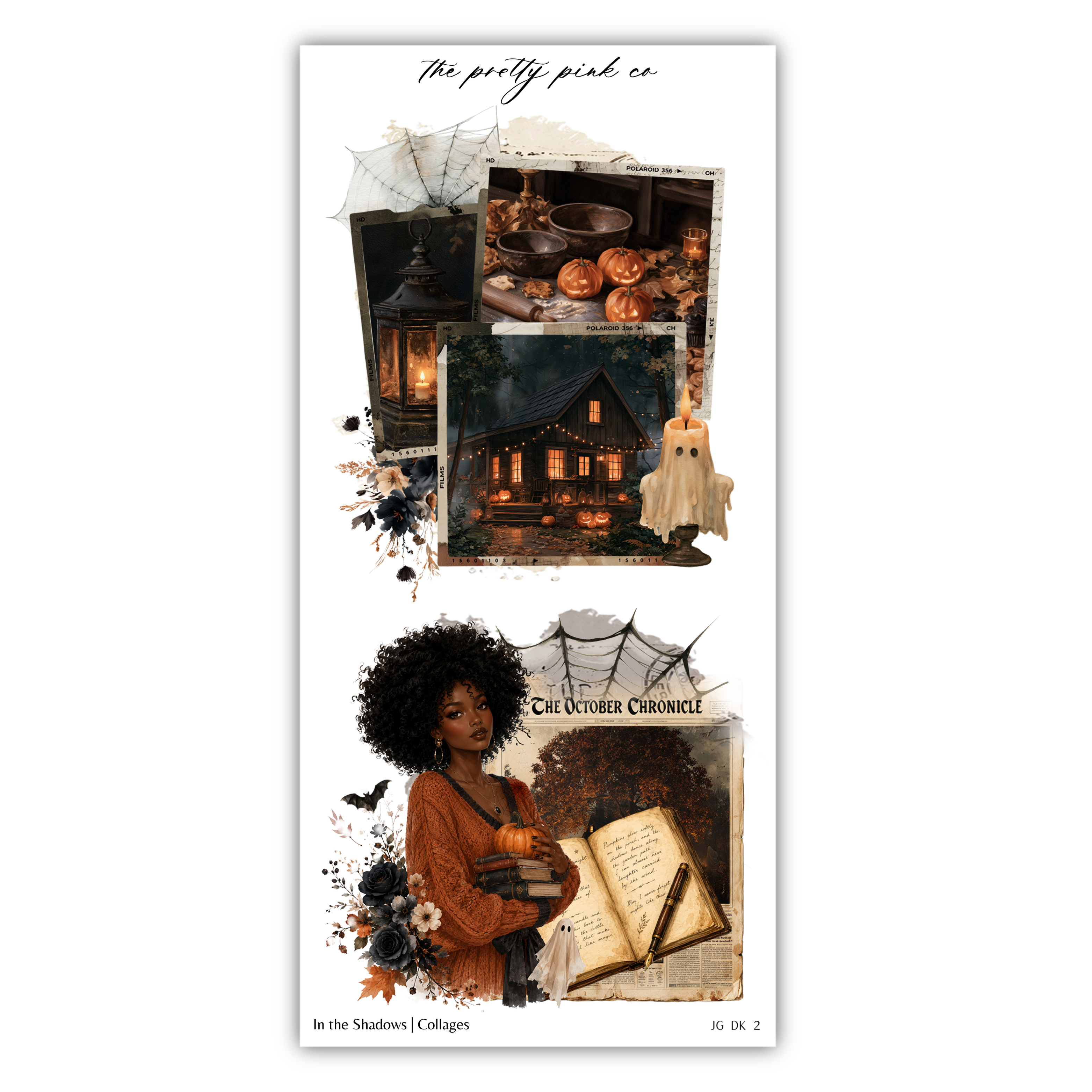The image is a collage of Halloween-themed images, including a house, pumpkins, a ghost, and a woman holding a book.