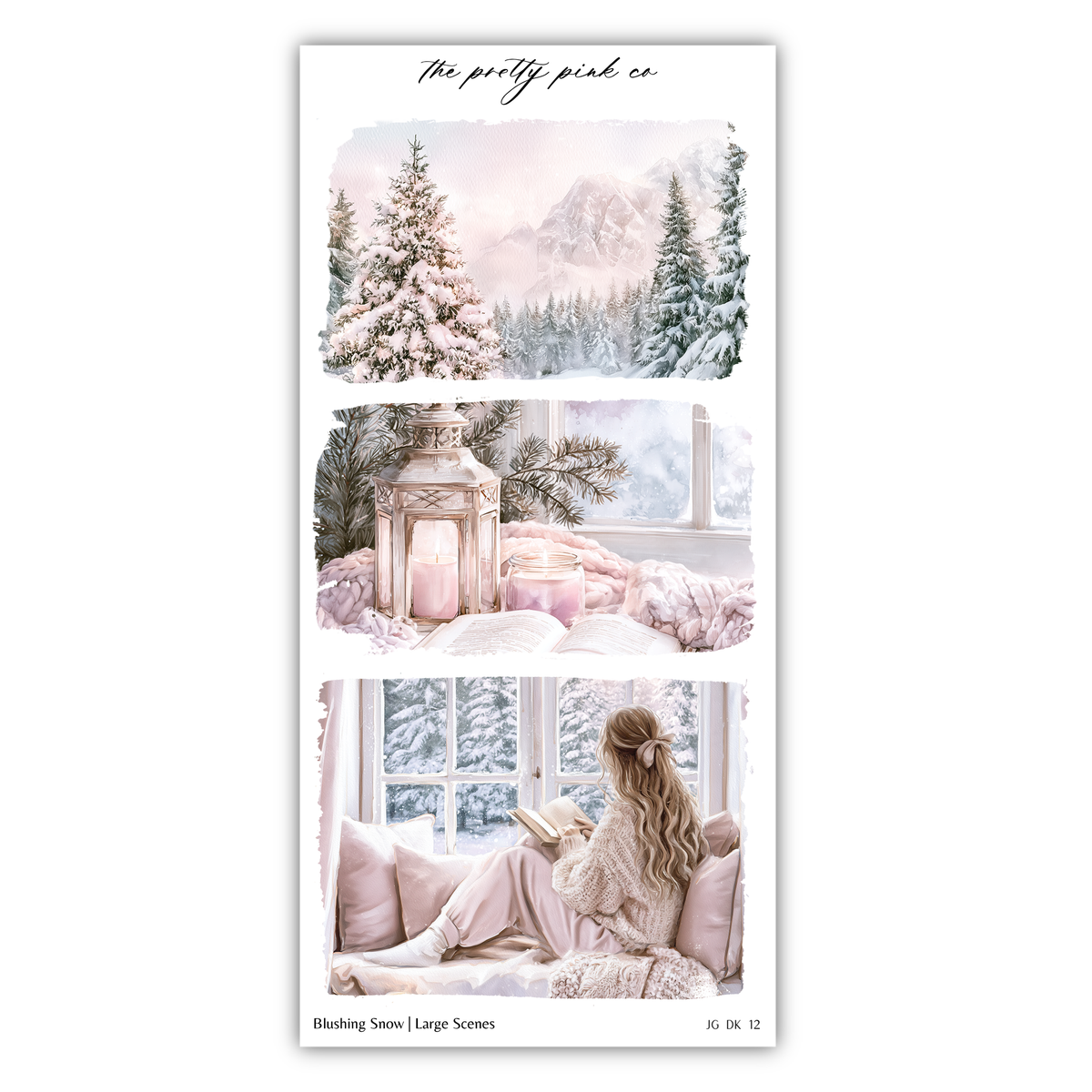 A collage of three images depicting a serene winter scene, including a snowy landscape, a cozy indoor setting, and a person enjoying a book by a window.